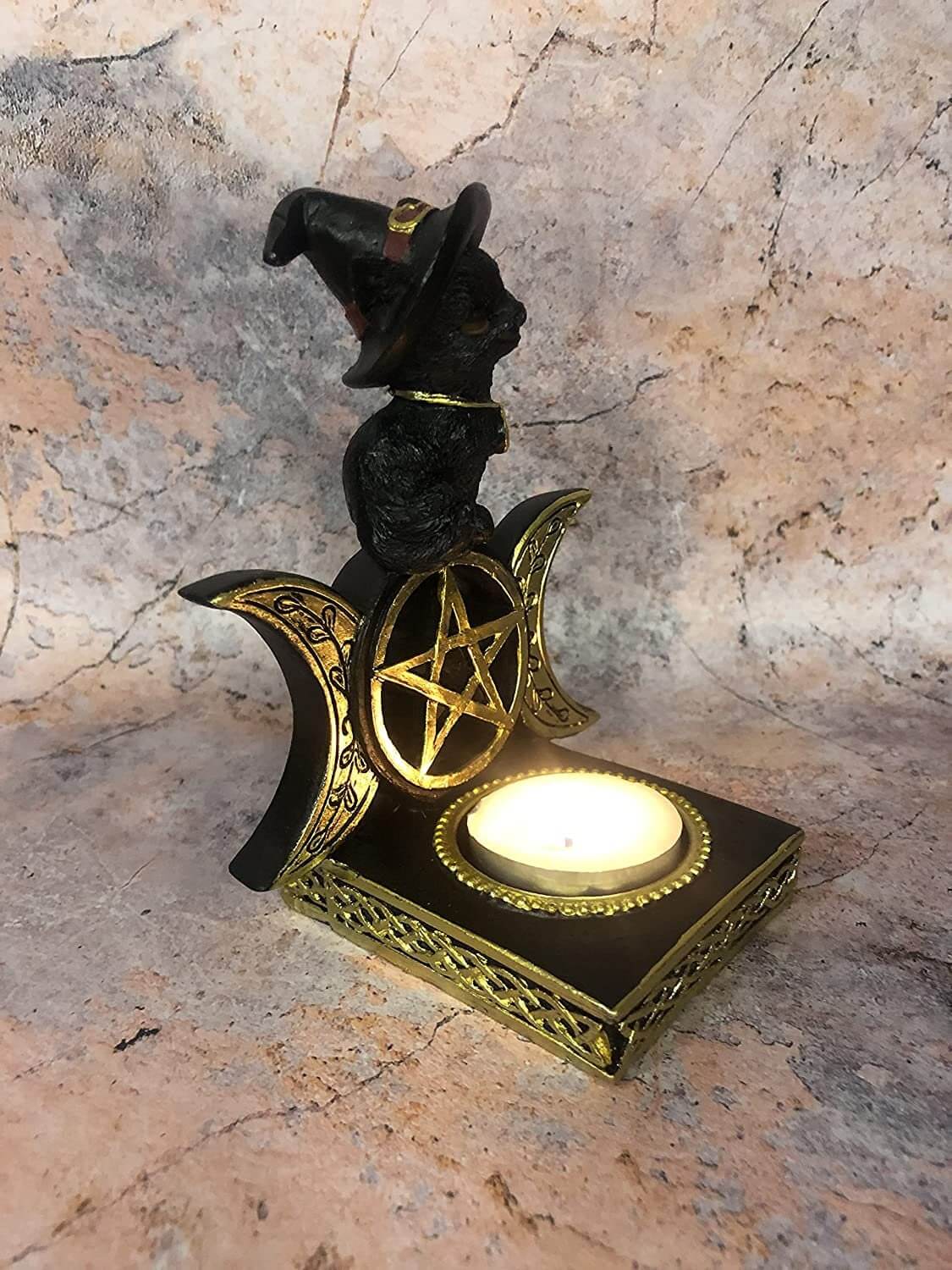 Enchanting Witch's Familiar: Triple Moon Goddess Cat Candle Holder with Witchcraft and Pagan Symbolism-Osiris Craftworks