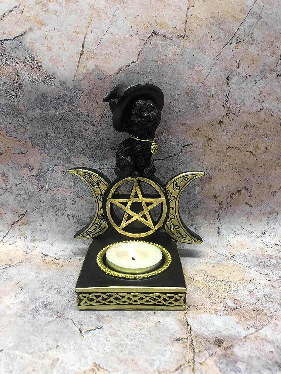 Enchanting Witch's Familiar: Triple Moon Goddess Cat Candle Holder with Witchcraft and Pagan Symbolism-Osiris Craftworks