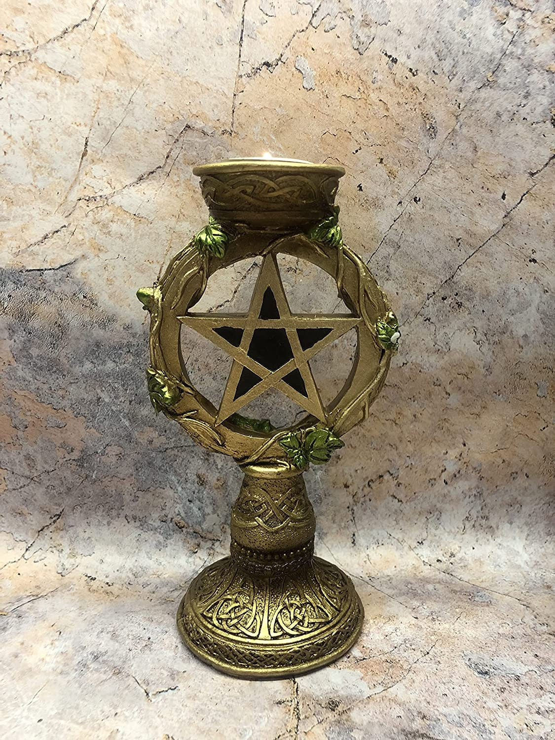 Wiccan Supplies: Antique Gold Celtic Pentagram Candle Holder for Pagan Altars-Osiris Craftworks