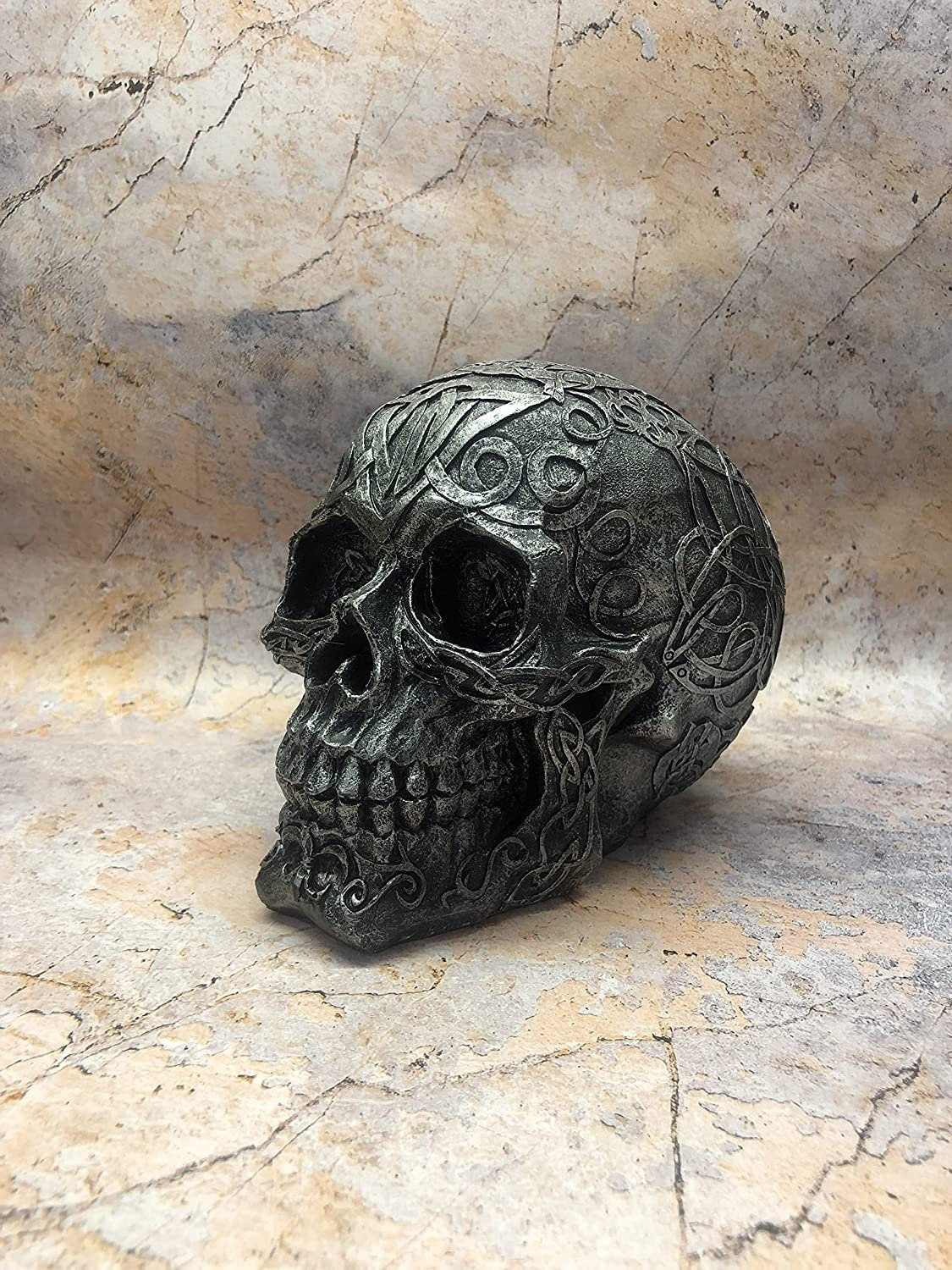 Elegant Celtic Silver Skull Figure: Novelty Gothic Decor for Home or Halloween Display-Osiris Craftworks