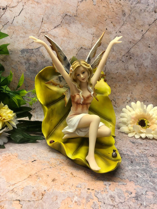 Fairy Resting on Leaf Figurine Fantasy Fairies Figure Mythical Sculpture Hand Made from Designer Resin and Painted with Exquisite Detail-Osiris Craftworks