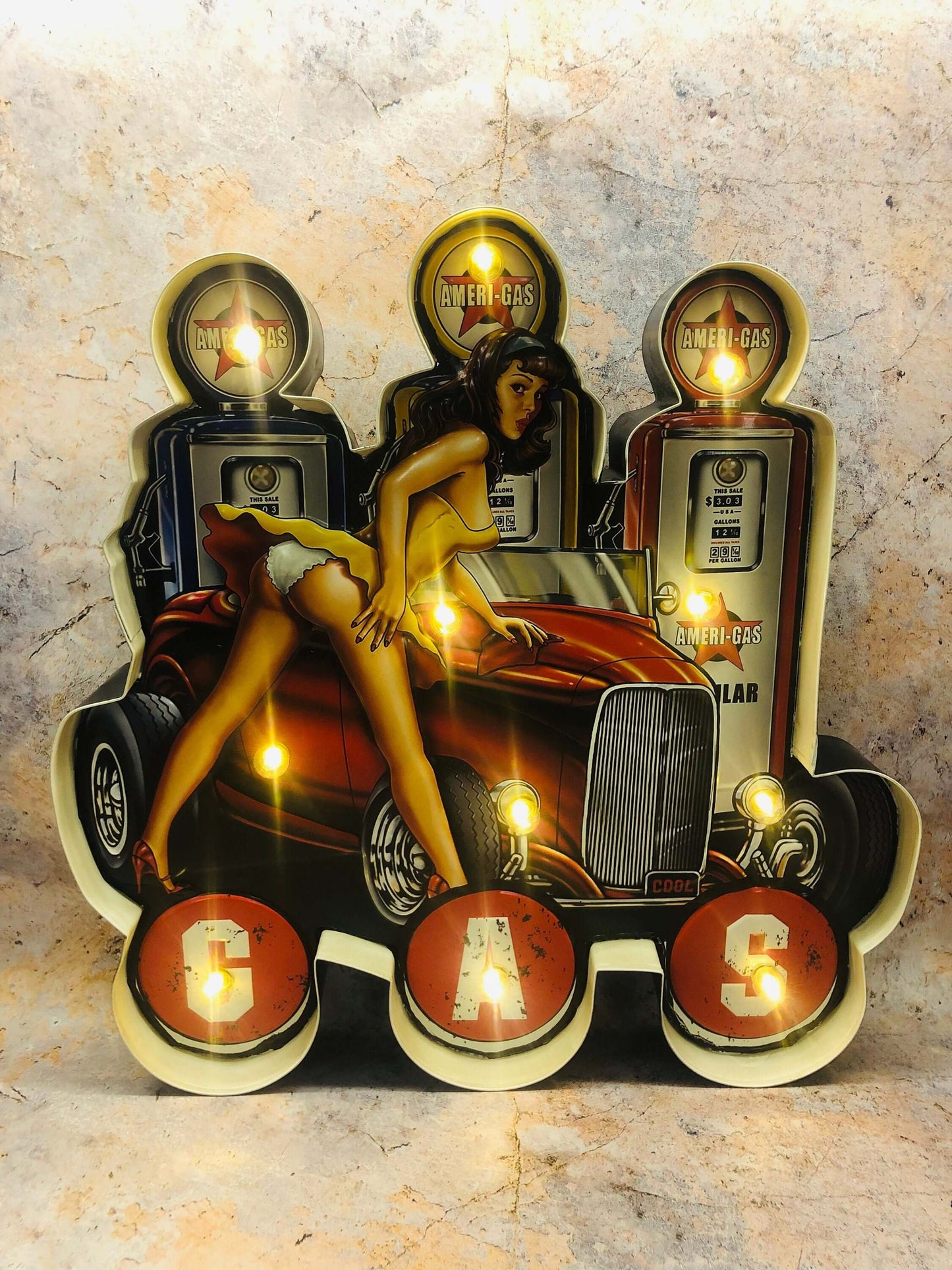 Vintage Metal 3D LED Logo Gas Sign Sexy Lady Pin Up Garage Man Cave Wall Plaque-Osiris Craftworks