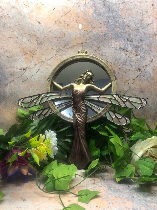 Stylish Dragonfly Lady Art Nouveau Wall Mirror: Hand Painted Resin Ornament for Home Decor