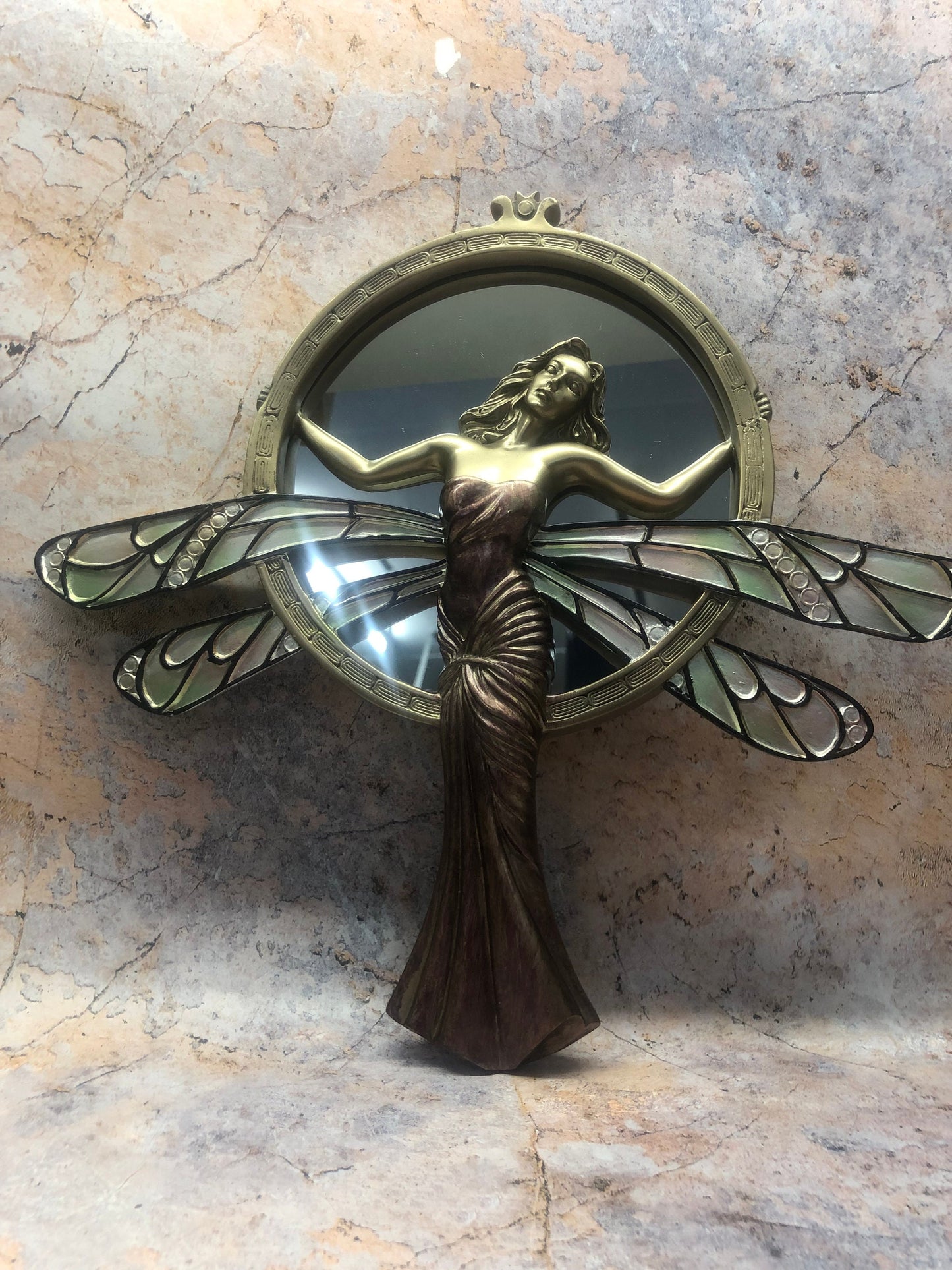 Stylish Dragonfly Lady Art Nouveau Wall Mirror: Hand Painted Resin Ornament for Home Decor