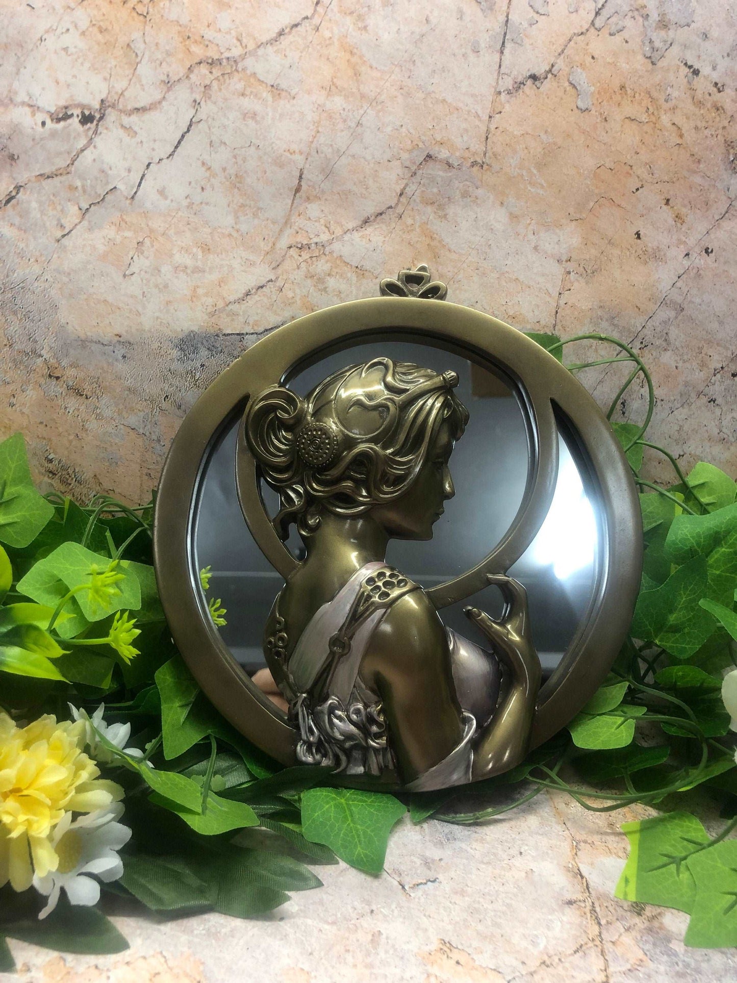 Art Nouveau Lady Wall Mirror with Exquisite Bronze Effect Resin Ornament for Home Decor