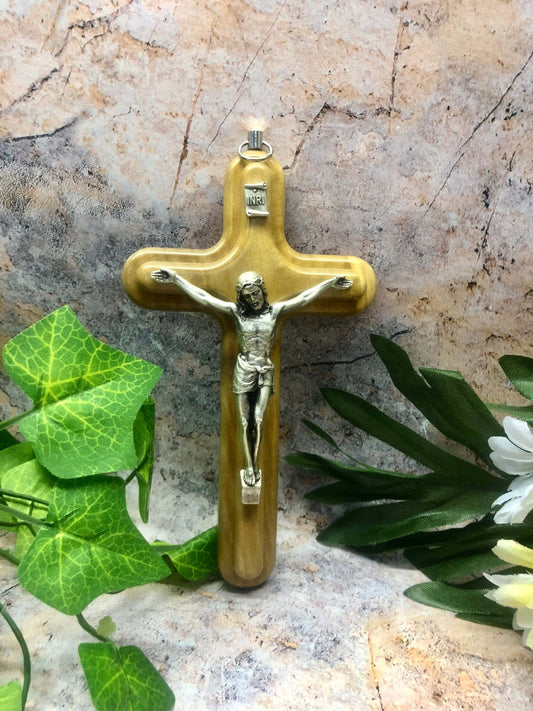 Religious Olive Wood Wall Cross with Silver Metal Corpus - Handmade for Catholic Devotion-Osiris Craftworks