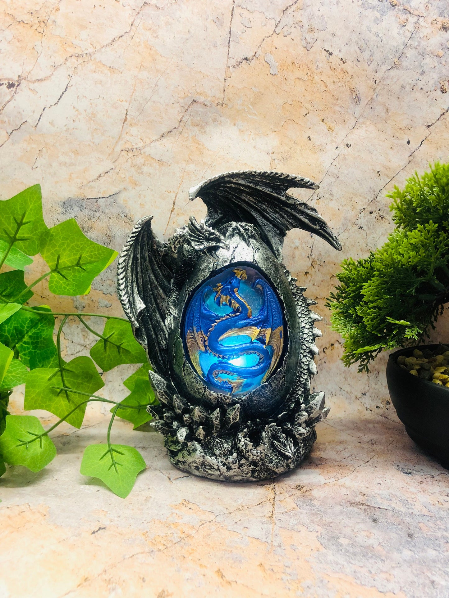 Dragon Guardian Egg Figurine - Stunning Silver Effect Ornament with Colour Changing LED Light