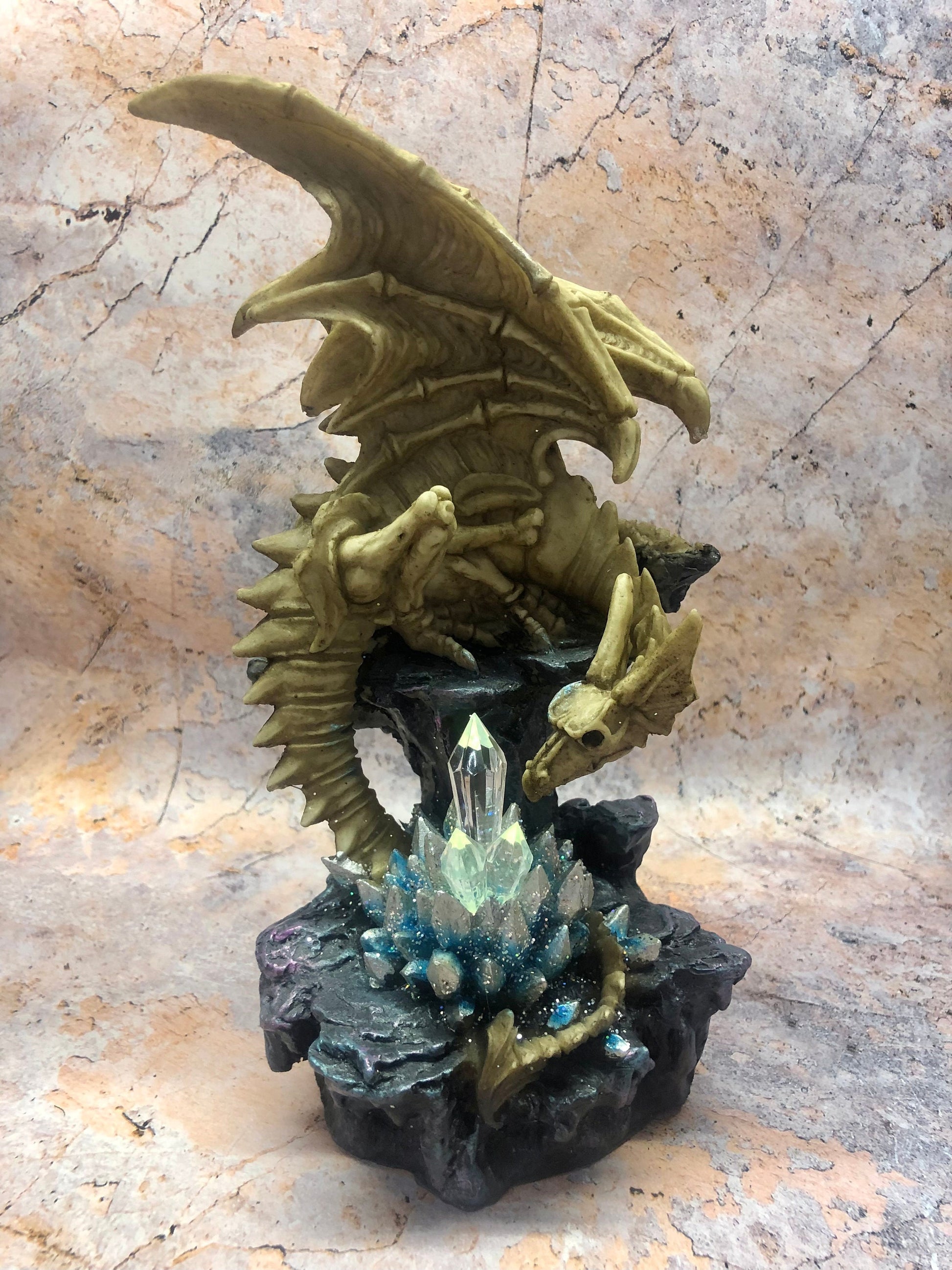 Dragon Skeleton Statue: Handmade Halloween Decoration with Colour Changing Crystal Light, Perfect for Gothic Decor-Osiris Craftworks