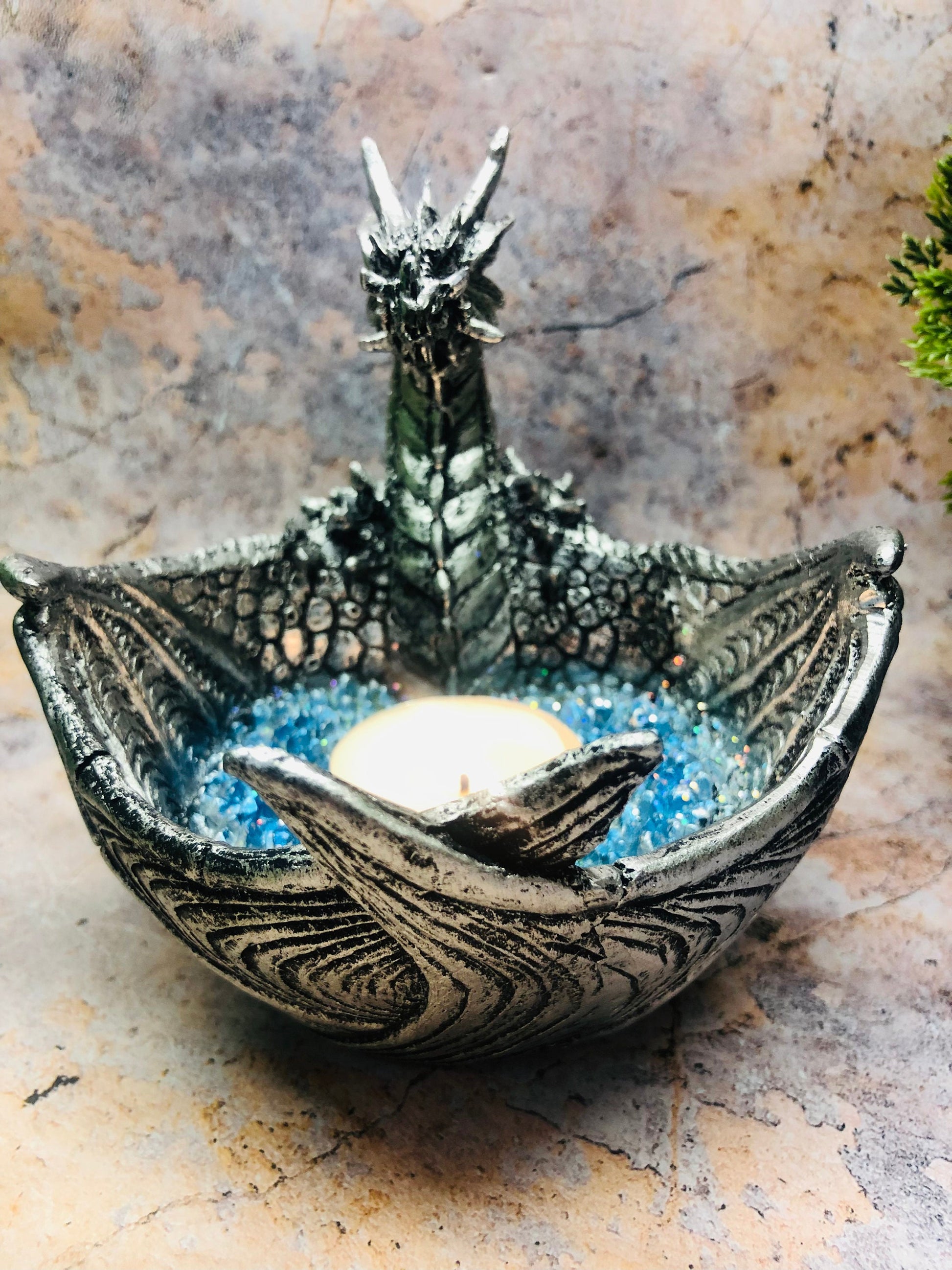 Silver Dragon Candle Holder Gothic Home Decor Figurine Hand Made from Quality Designer Resin and Finished with a Metallic Effect-Osiris Craftworks