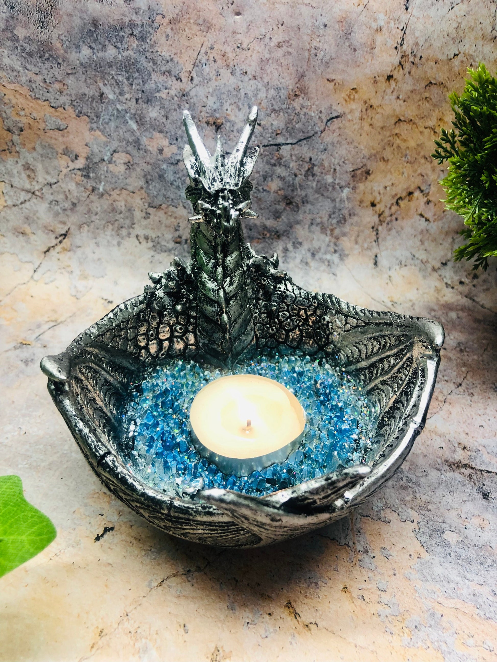 Silver Dragon Candle Holder Gothic Home Decor Figurine Hand Made from Quality Designer Resin and Finished with a Metallic Effect-Osiris Craftworks