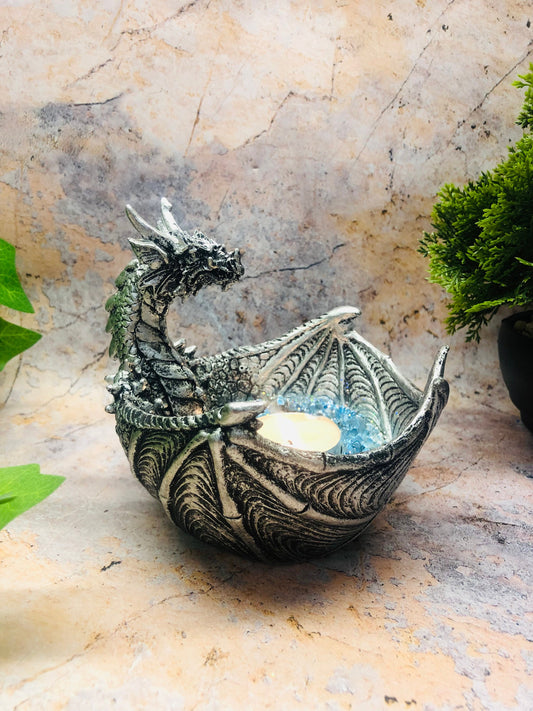 Silver Dragon Candle Holder Gothic Home Decor Figurine Hand Made from Quality Designer Resin and Finished with a Metallic Effect-Osiris Craftworks