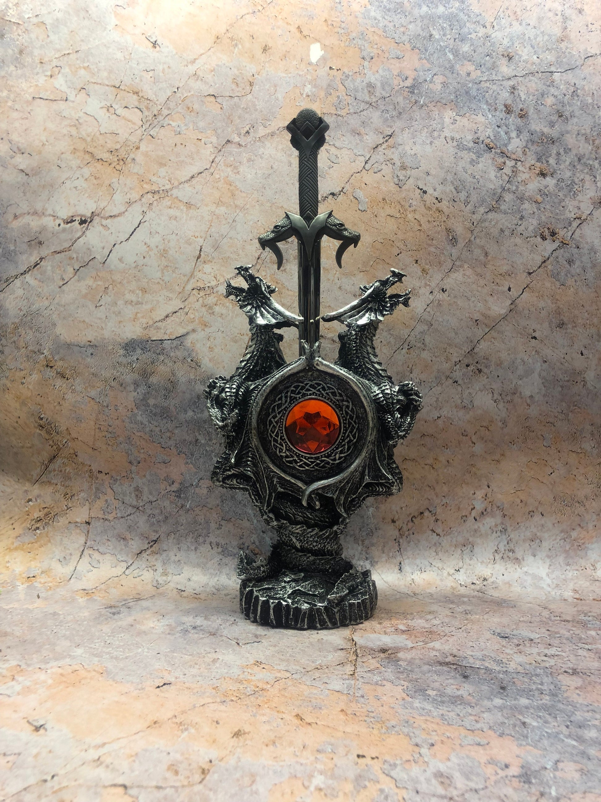 Majestic Dragon Shield Letter Opener with Crimson Orb – Handcrafted Resin Desk Accessory – Gothic Office Decor 28cm Enchanted Fantasy Sword-Osiris Craftworks