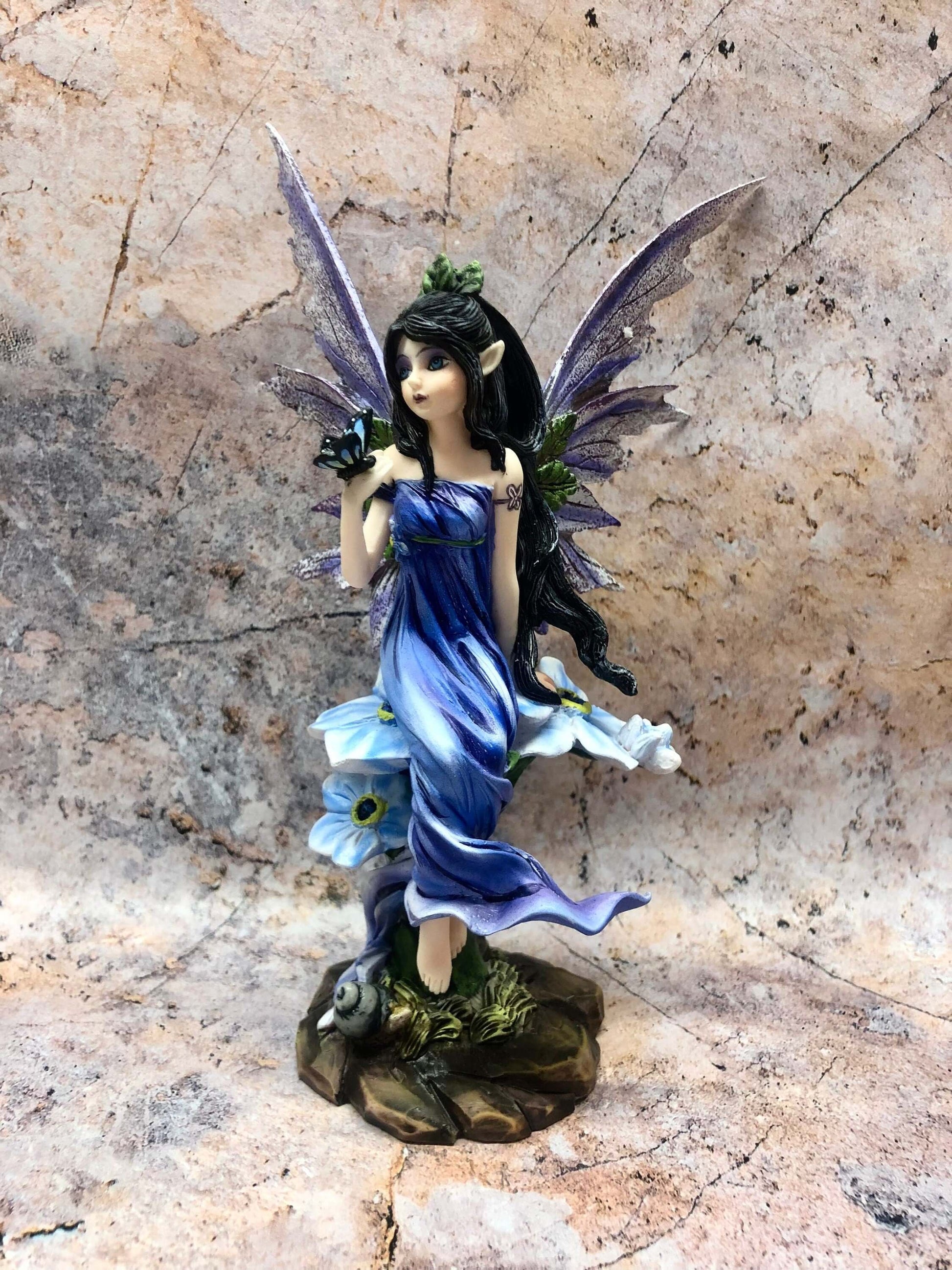 Blue Dress Fairy with Butterfly and Flowers Statuette Figurine Ornament Hand Made from Quality Designer Resin-Osiris Craftworks