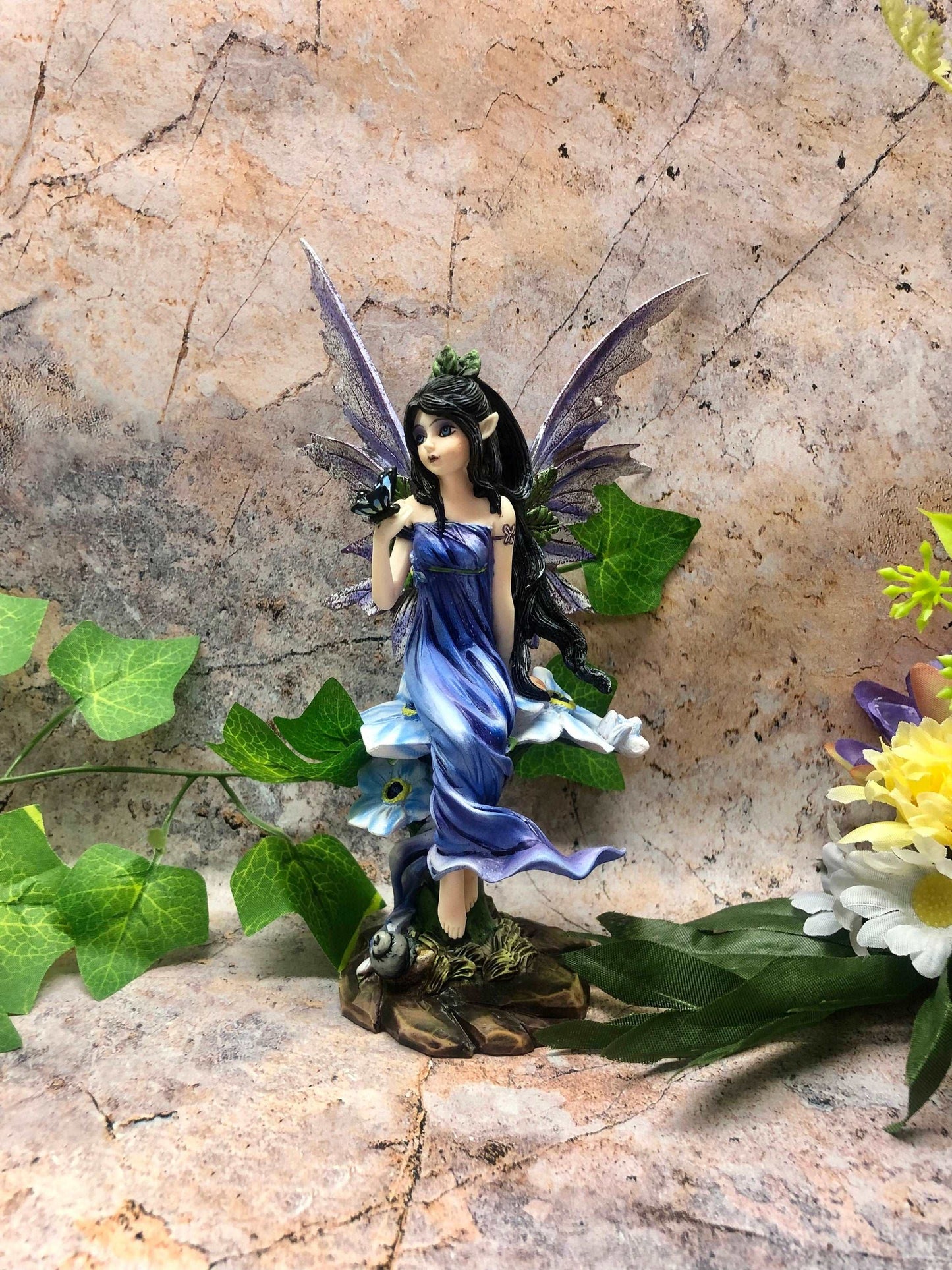 Blue Dress Fairy with Butterfly and Flowers Statuette Figurine Ornament Hand Made from Quality Designer Resin-Osiris Craftworks