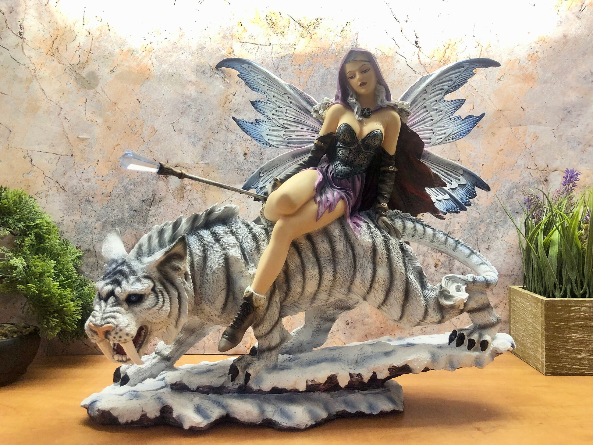 Warrior Fairy on White Tiger Figurine, Majestic Sculpture, Fantasy Battle Guardian Statue, Mythical Creature Decor, Powerful Fantasy Art-Osiris Craftworks