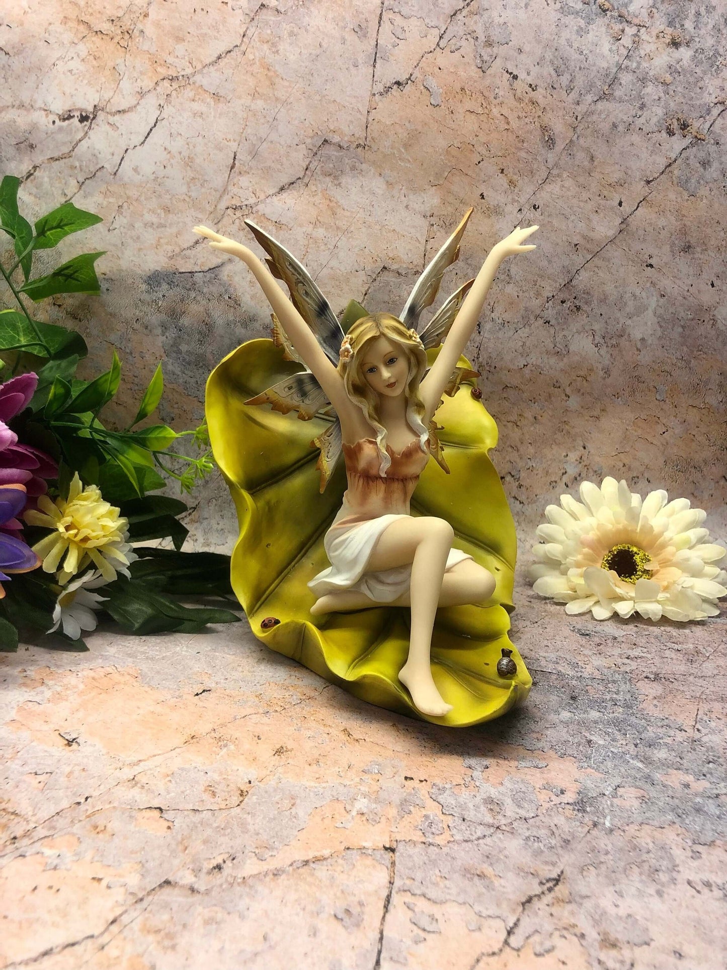 Fairy Resting on Leaf Figurine Fantasy Fairies Figure Mythical Sculpture Hand Made from Designer Resin and Painted with Exquisite Detail-Osiris Craftworks