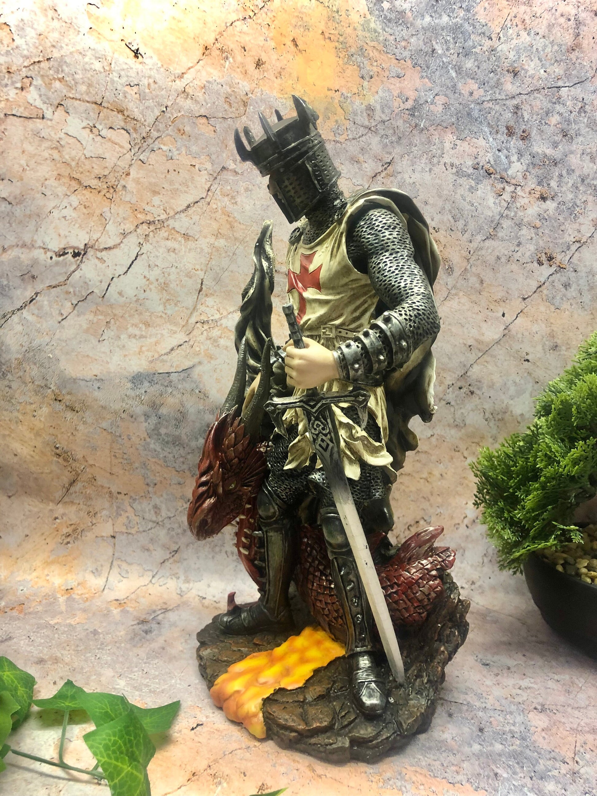 Elegant Dragon Knight Templar Statue - Handmade Crusader Ornament for Gothic and Mythical Home Decor-Osiris Craftworks