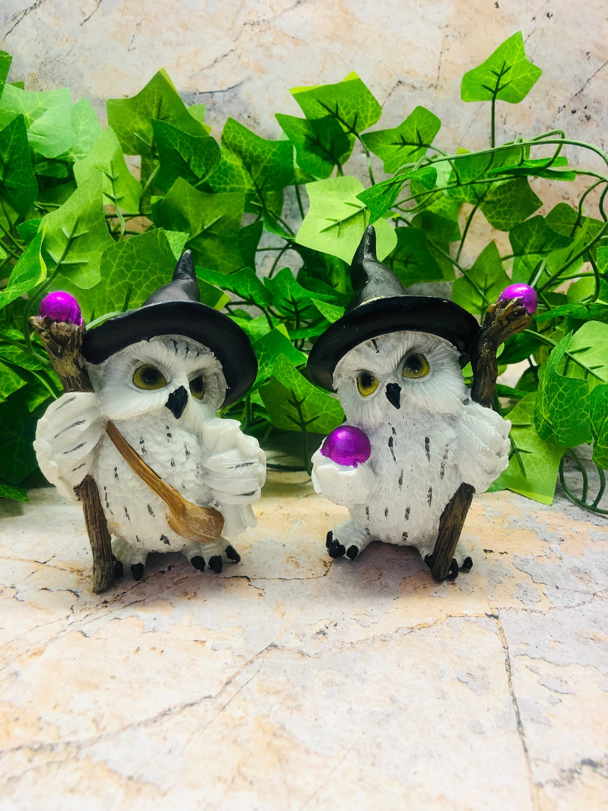 Pair of Comical Owls Witches Figurines Wicca Pagan Decor Owl Collection Hand Made from Quality Designer Resin-Osiris Craftworks