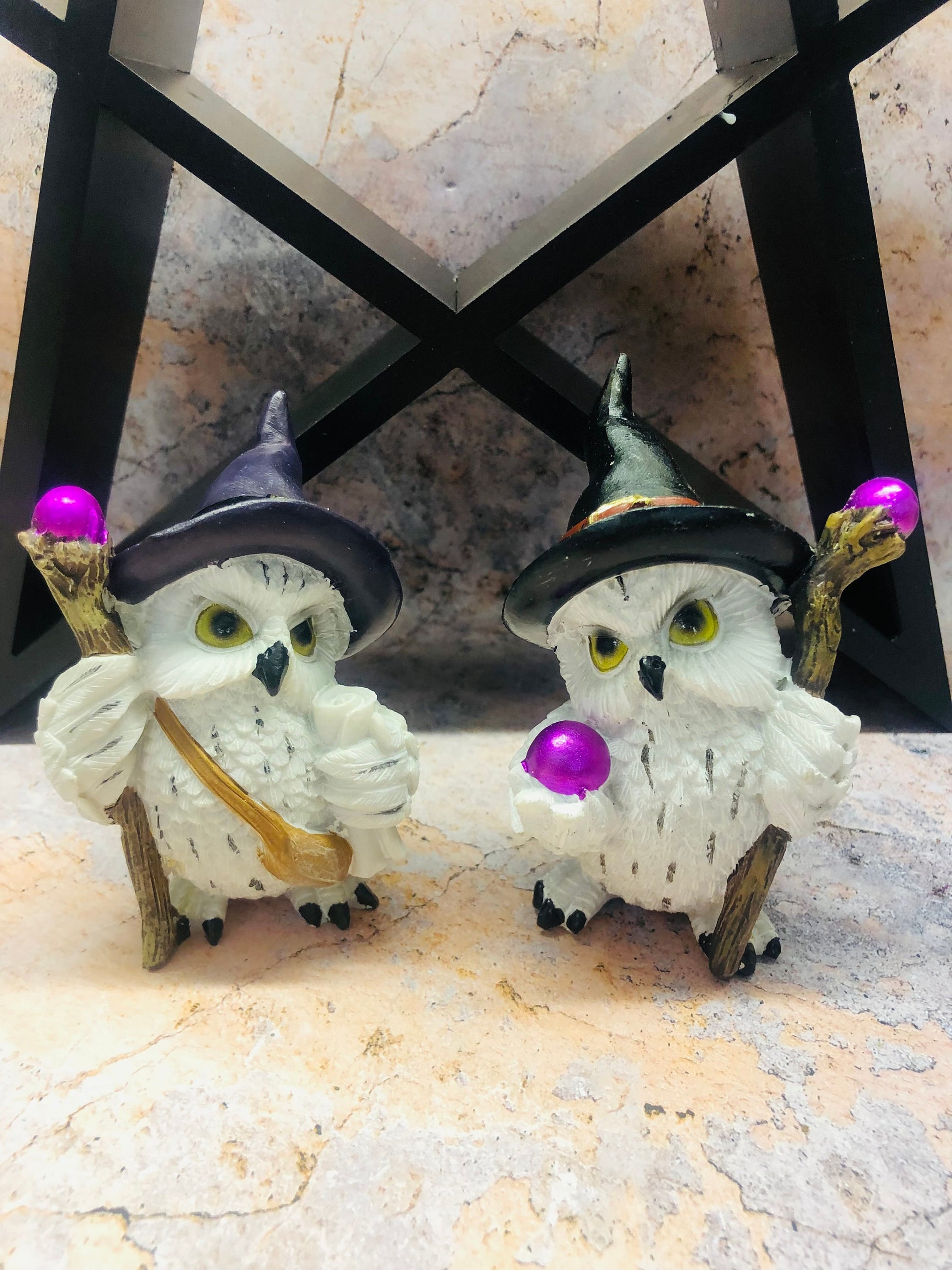 Pair of Comical Owls Witches Figurines Wicca Pagan Decor Owl Collection Hand Made from Quality Designer Resin-Osiris Craftworks