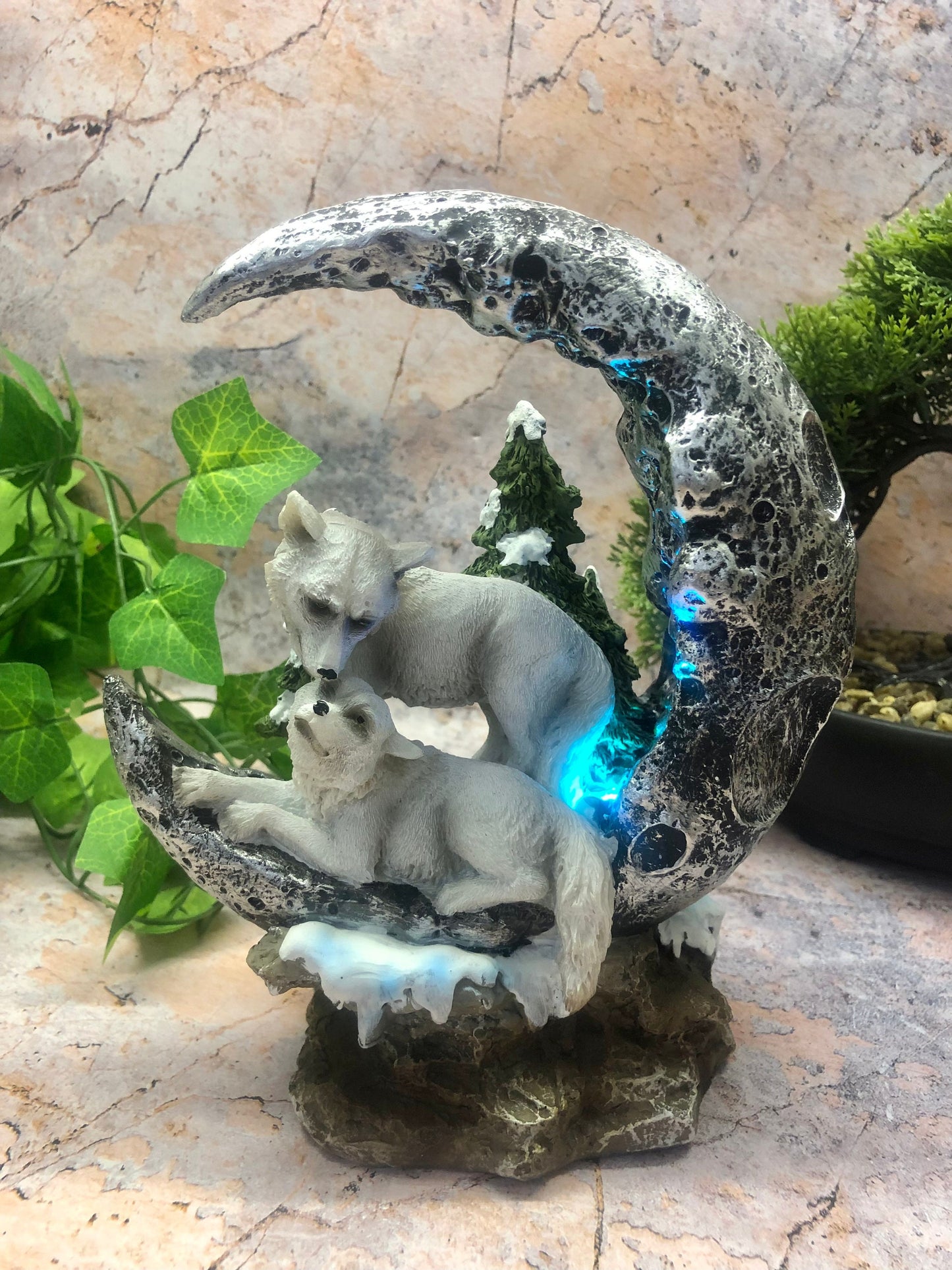 Glowing Resin Wolf Family Sculpture on Crescent Moon - Perfect Gift for Wolves Enthusiasts