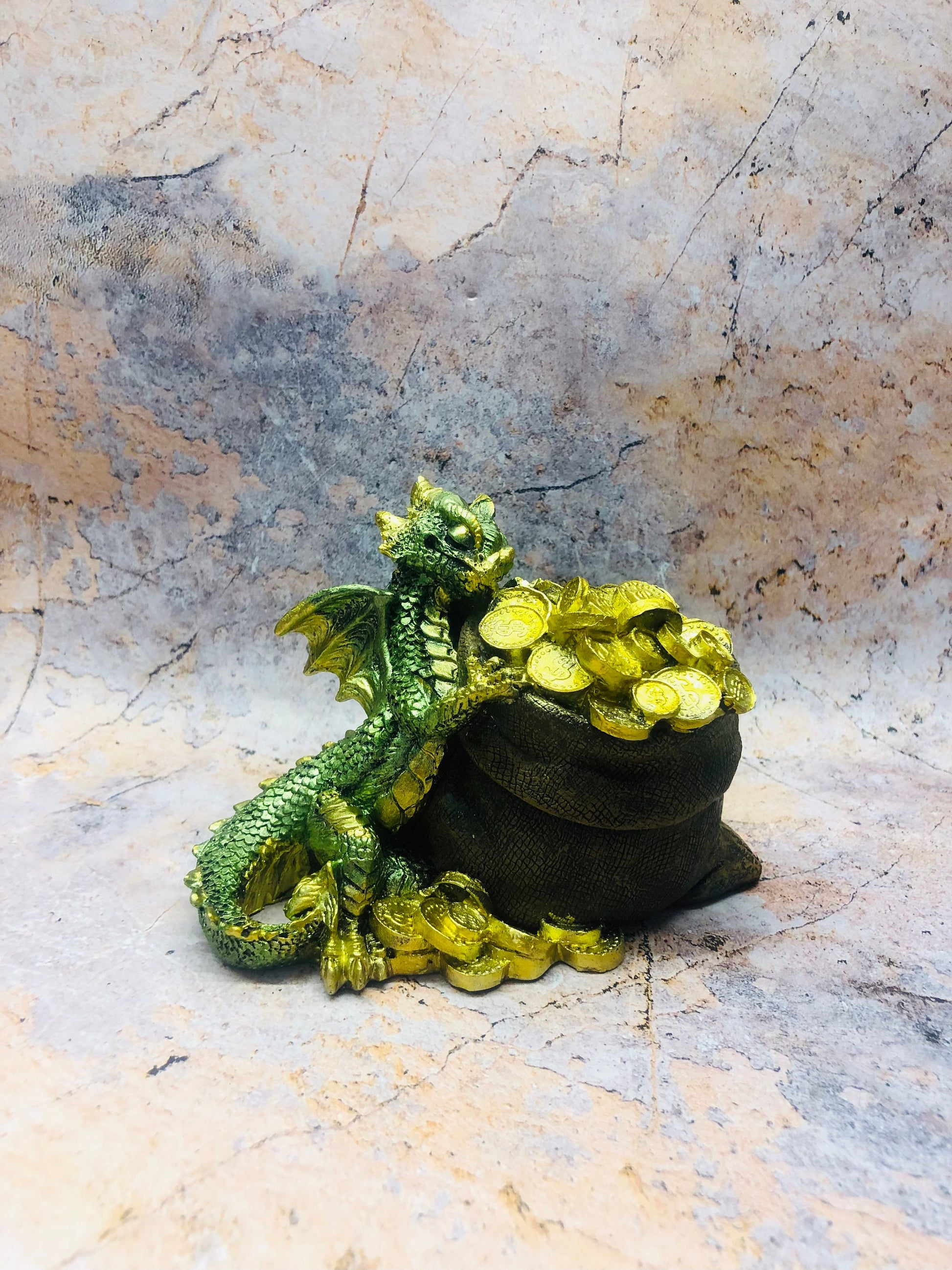 Whimsical Green Dragon with Bag of Gold Fantasy Figurine Dragons Collection Hand Made from Quality Designer Resin-Osiris Craftworks