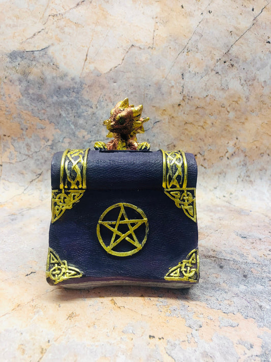 Whimsical Red Dragon with Pentagram Book of Shadows Money Bank Fantasy Saving Box