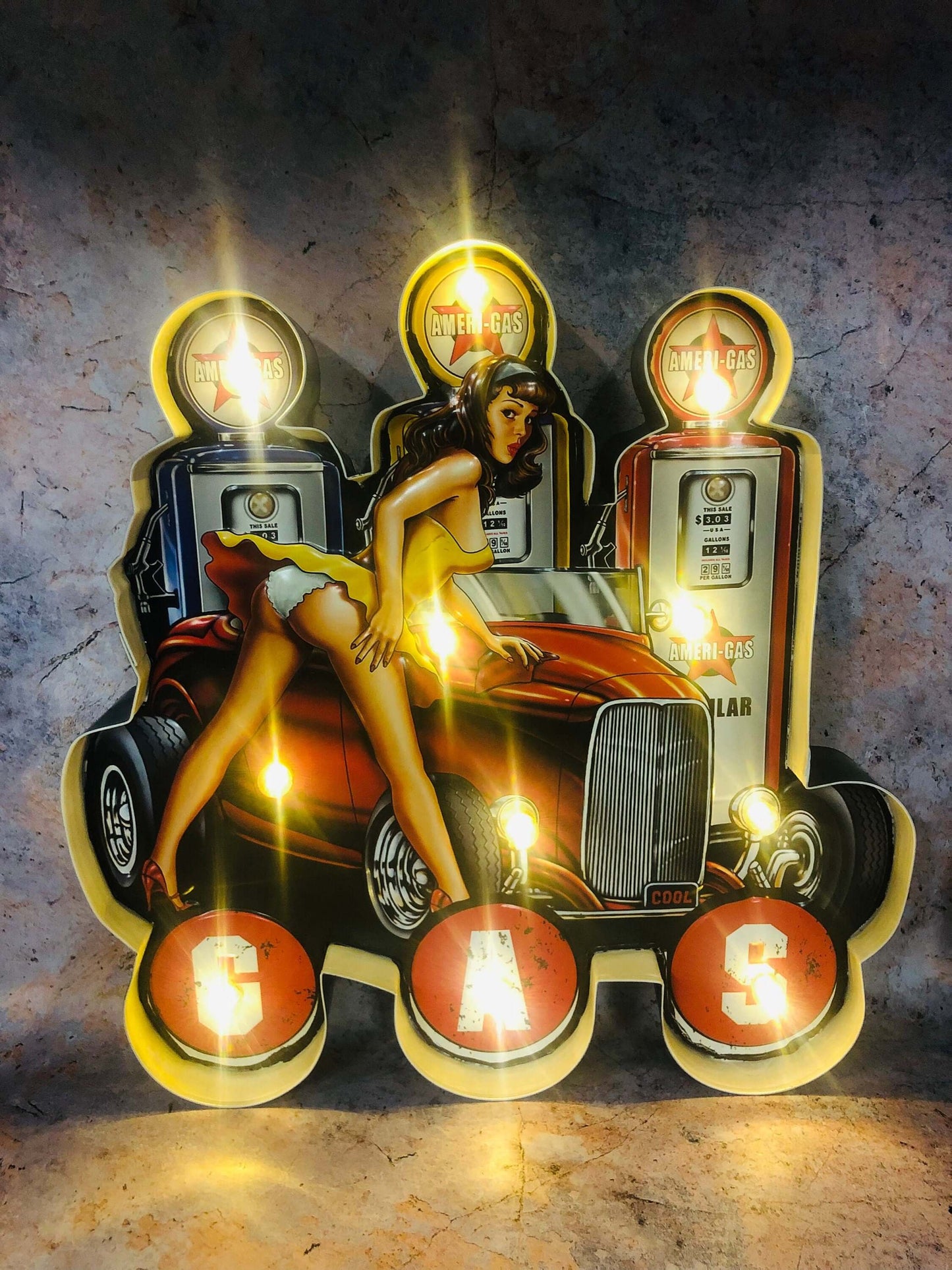 Vintage Metal 3D LED Logo Gas Sign Sexy Lady Pin Up Garage Man Cave Wall Plaque-Osiris Craftworks