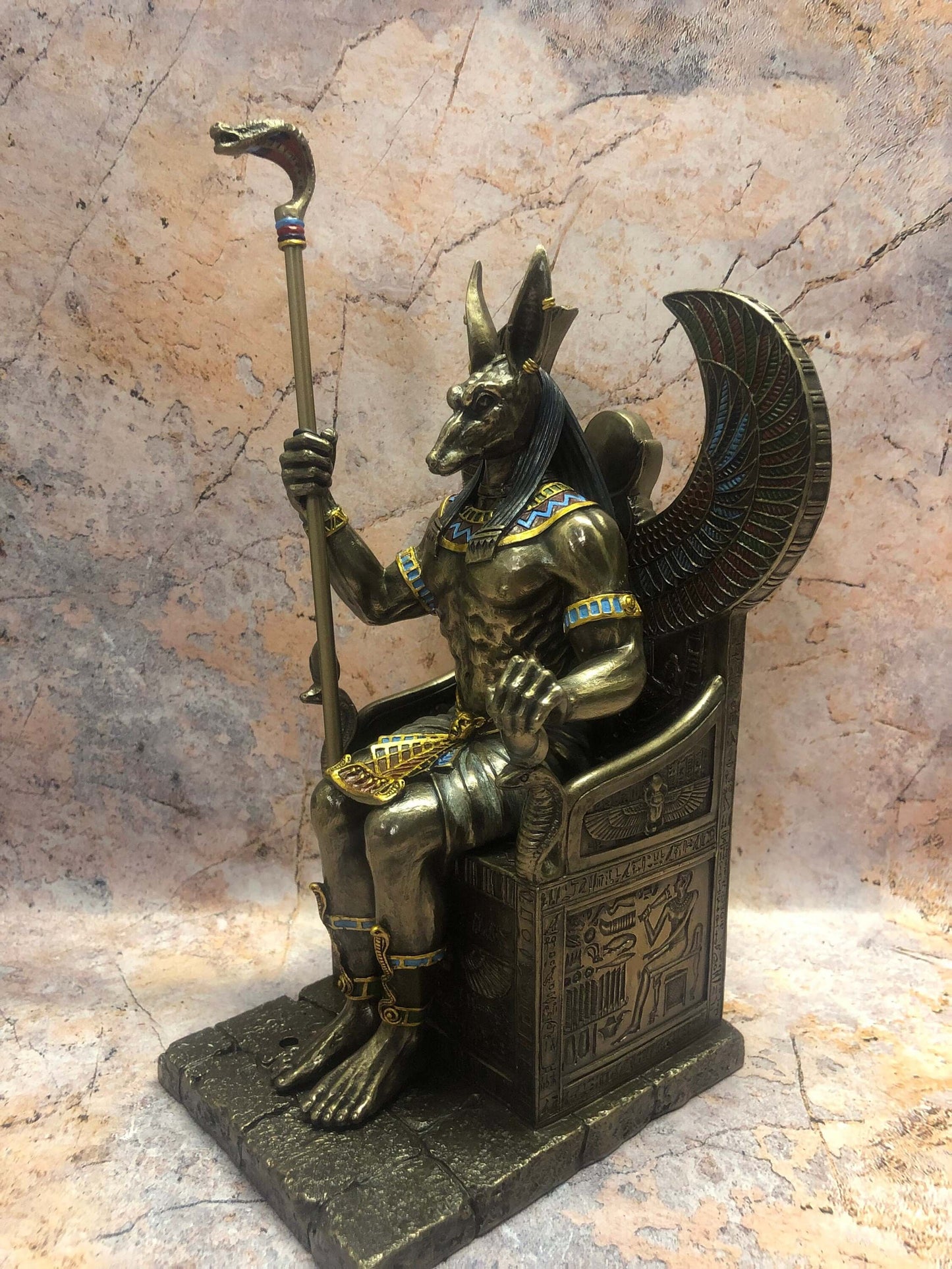 Veronese Bronze Sculpture Anubis on Throne Egyptian Style Statue Hand Made from Resin