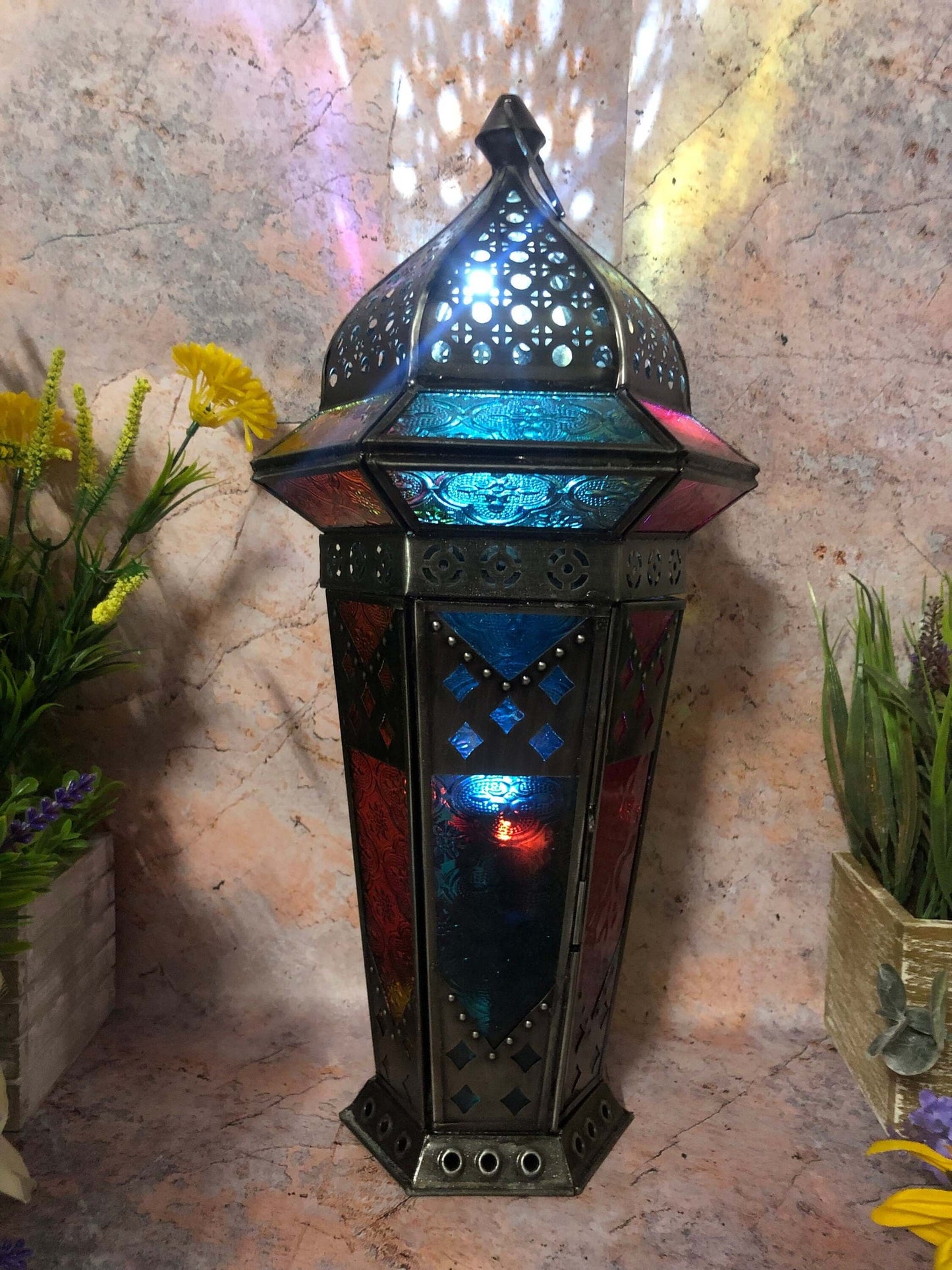 Grande lanterne multicolore de style marocain à effet antique, porte-bougie chauffe-plat, décoration saisonnière, éclairage pour la maison, ornement