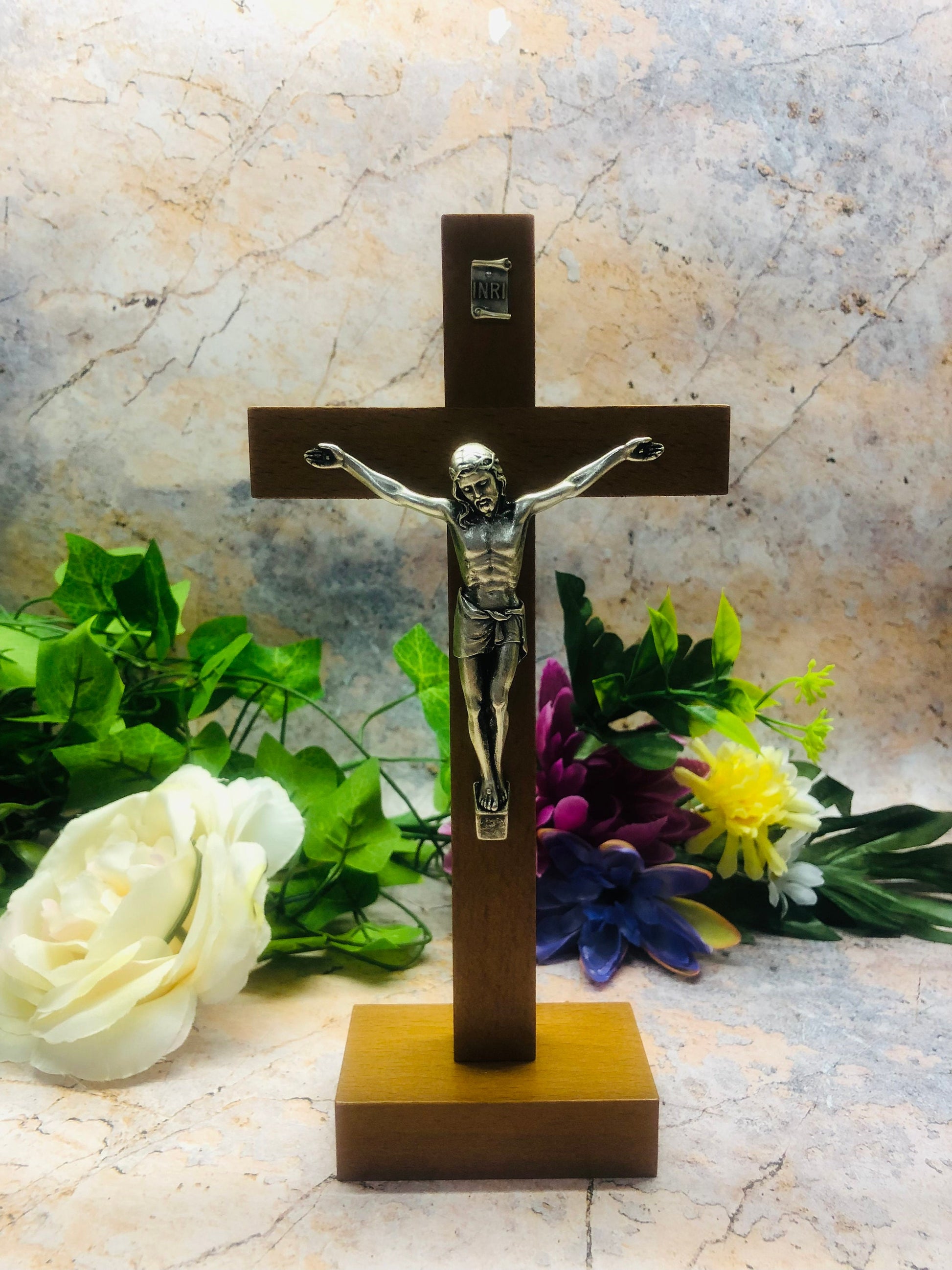 Free Standing Pear Wood Crucifix Cross Silver Metal Corpus Religious Ornament-Osiris Craftworks