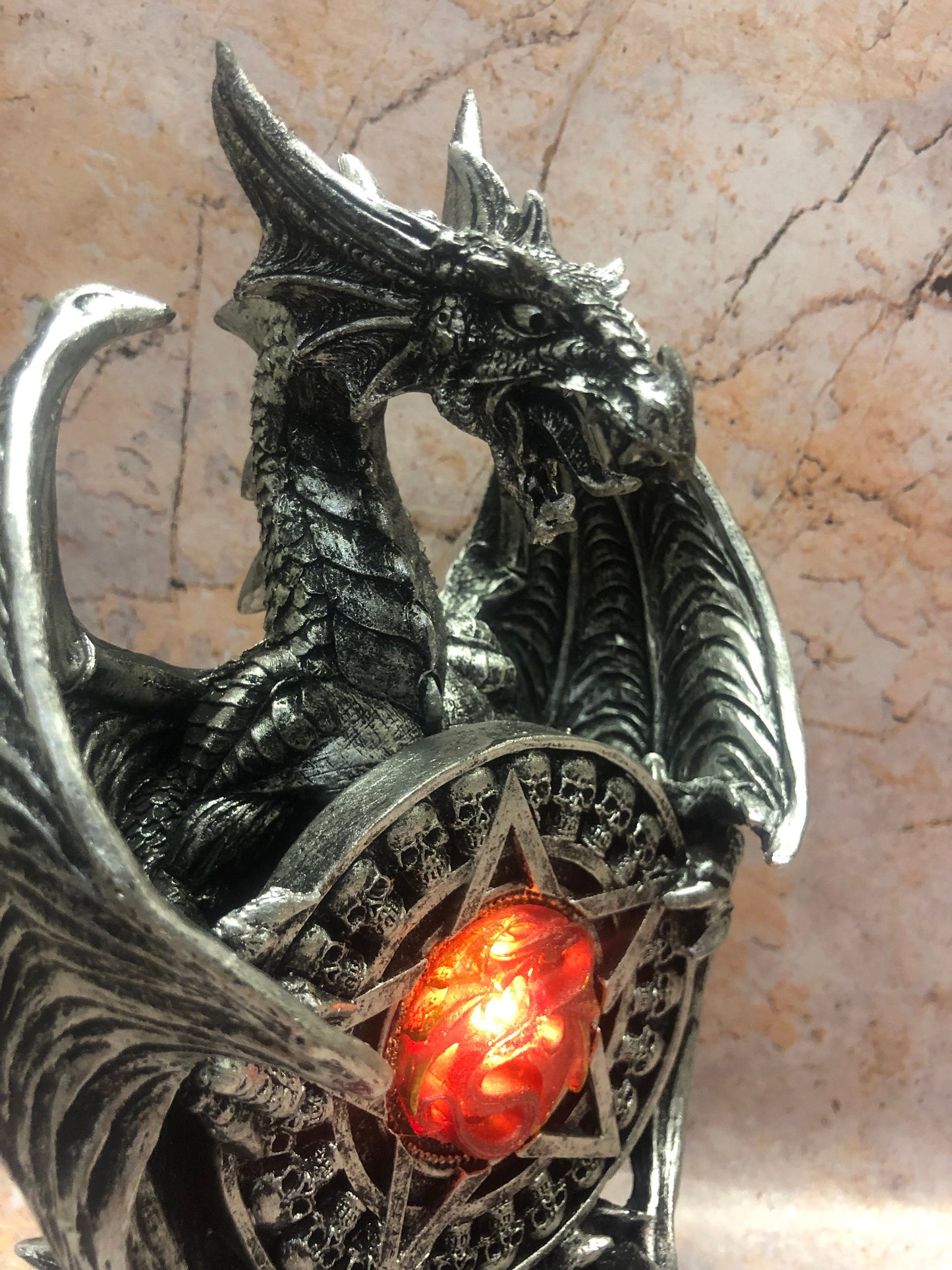 Novelty Silver Dragon Defender Holding Shield Led Light Figurine Fantasy Art Hand Made from Quality Designer Resin-Osiris Craftworks