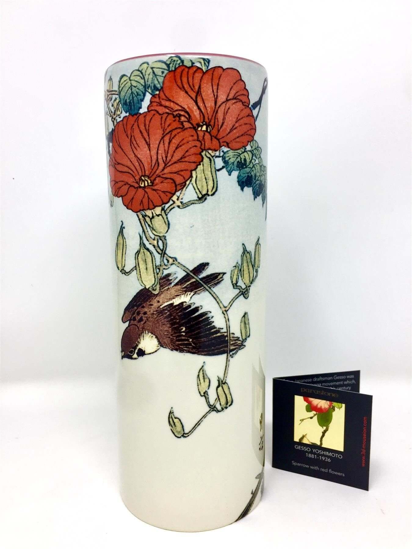 Ceramic Art Vase Gesso Yoshimoto Sparrow with Red Flowers Museum Reproduction