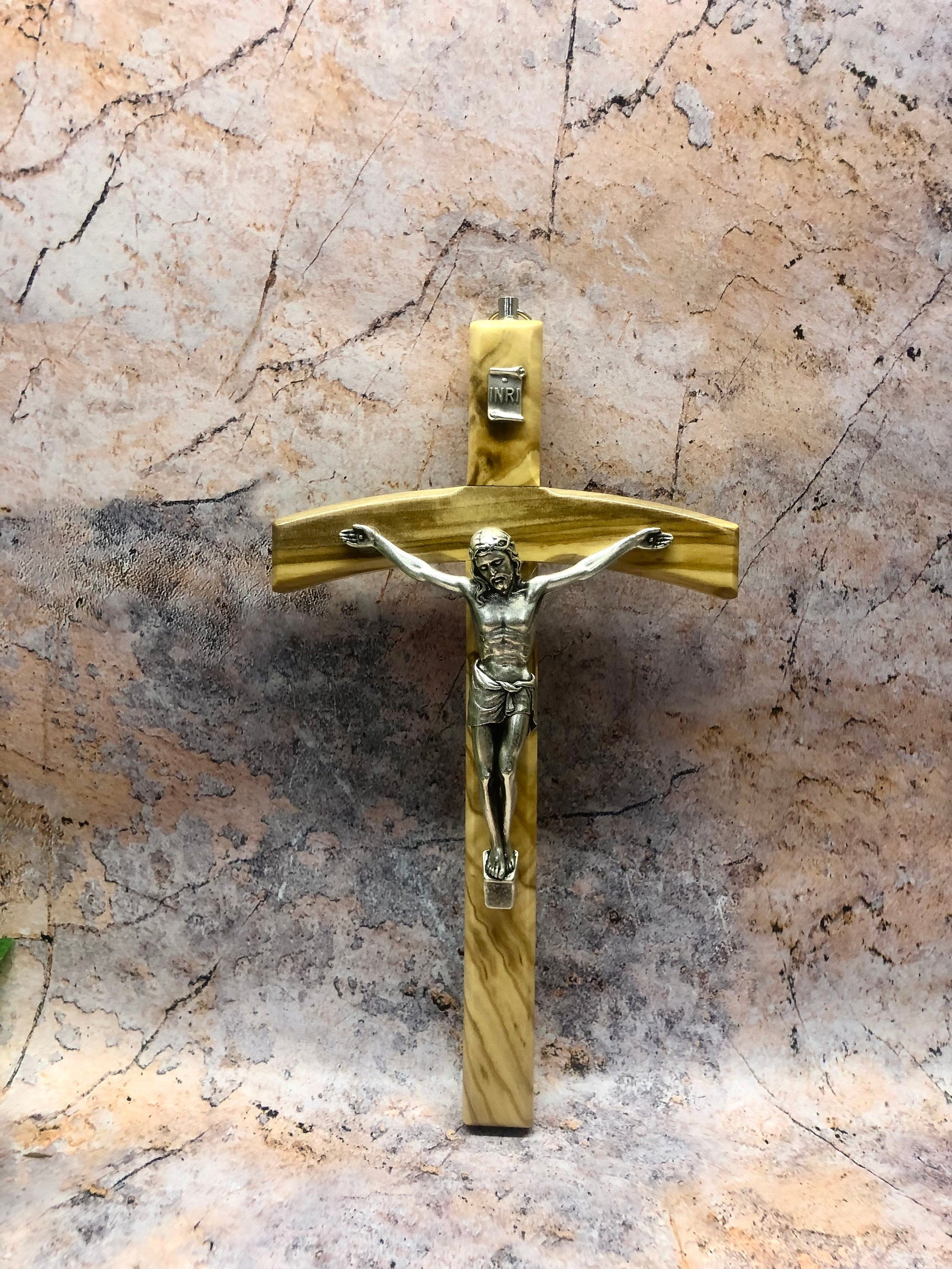 Olive Wood Crucifix Hanging Wall Cross Silver Metal Corpus Christi Jesus Christ Religious 20 cm-Osiris Craftworks