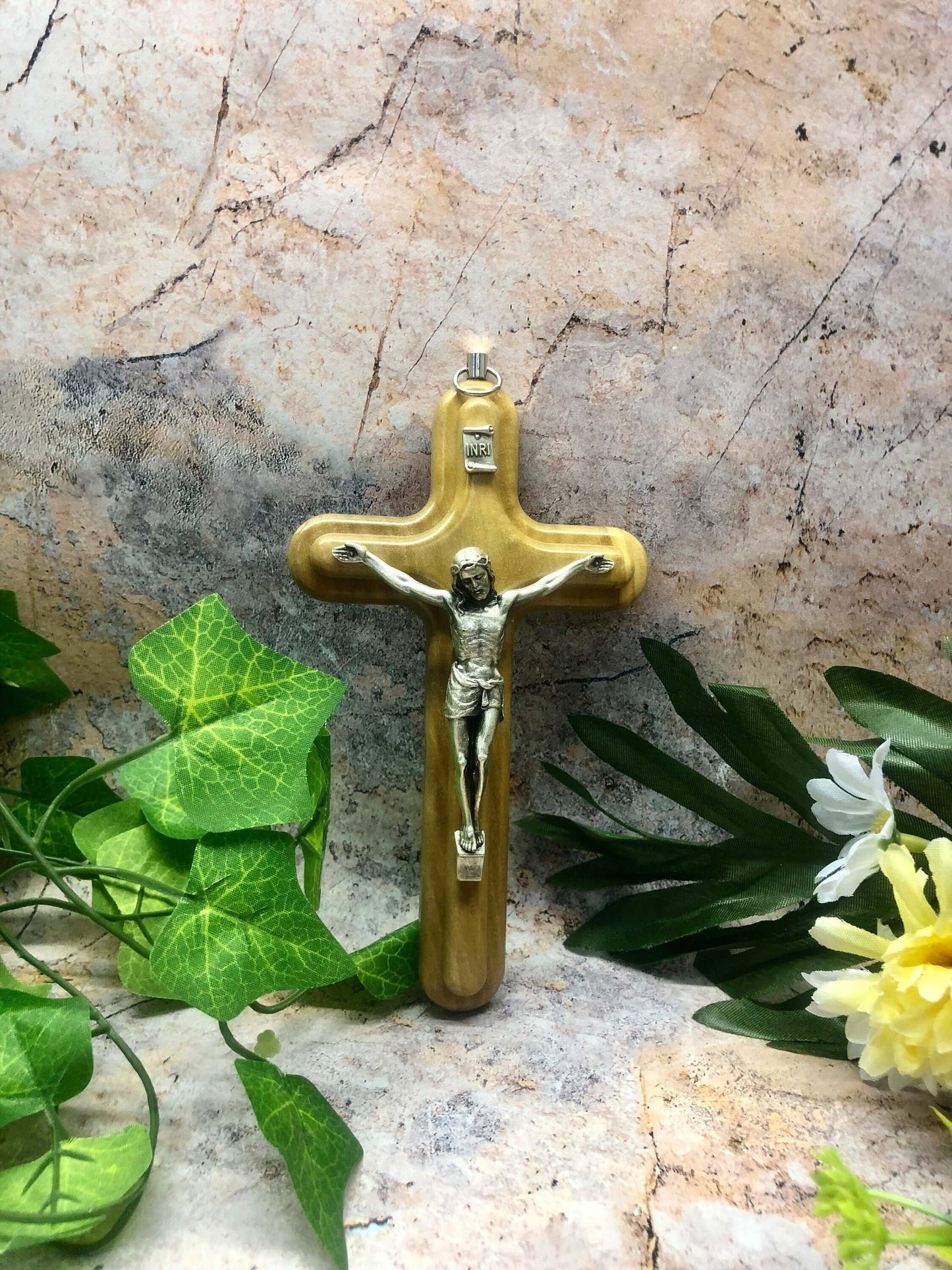 Religious Olive Wood Wall Cross with Silver Metal Corpus - Handmade for Catholic Devotion-Osiris Craftworks