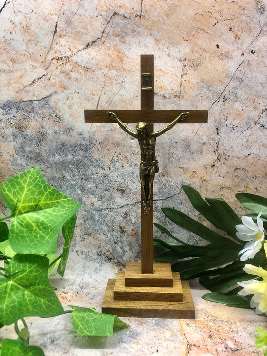 Freestanding Crucifix Cross Brass Corpus Religious Ornament Hand Made from Quality Wood and Metal-Osiris Craftworks