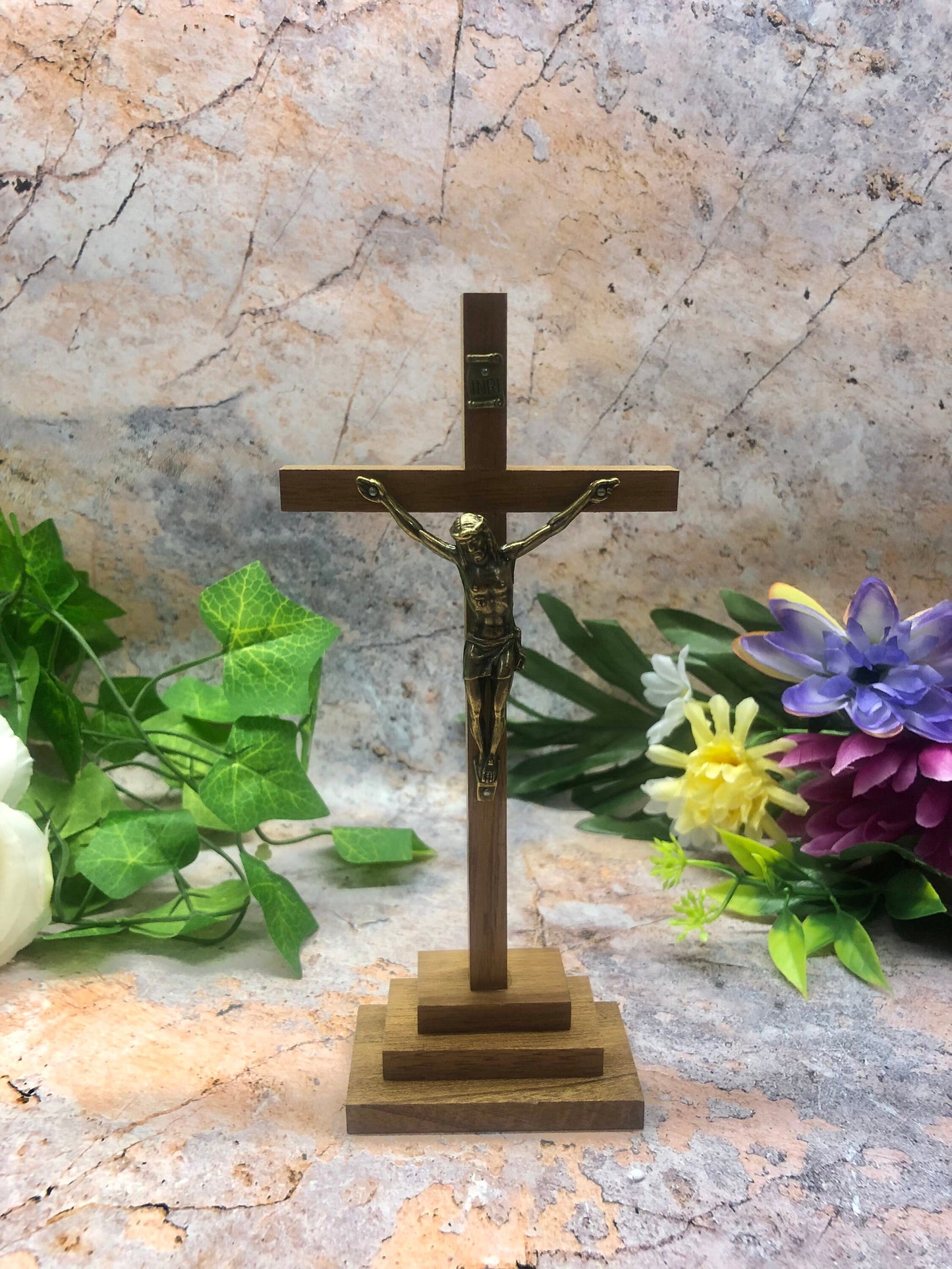 Freestanding Crucifix Cross Brass Corpus Religious Ornament Hand Made from Quality Wood and Metal-Osiris Craftworks