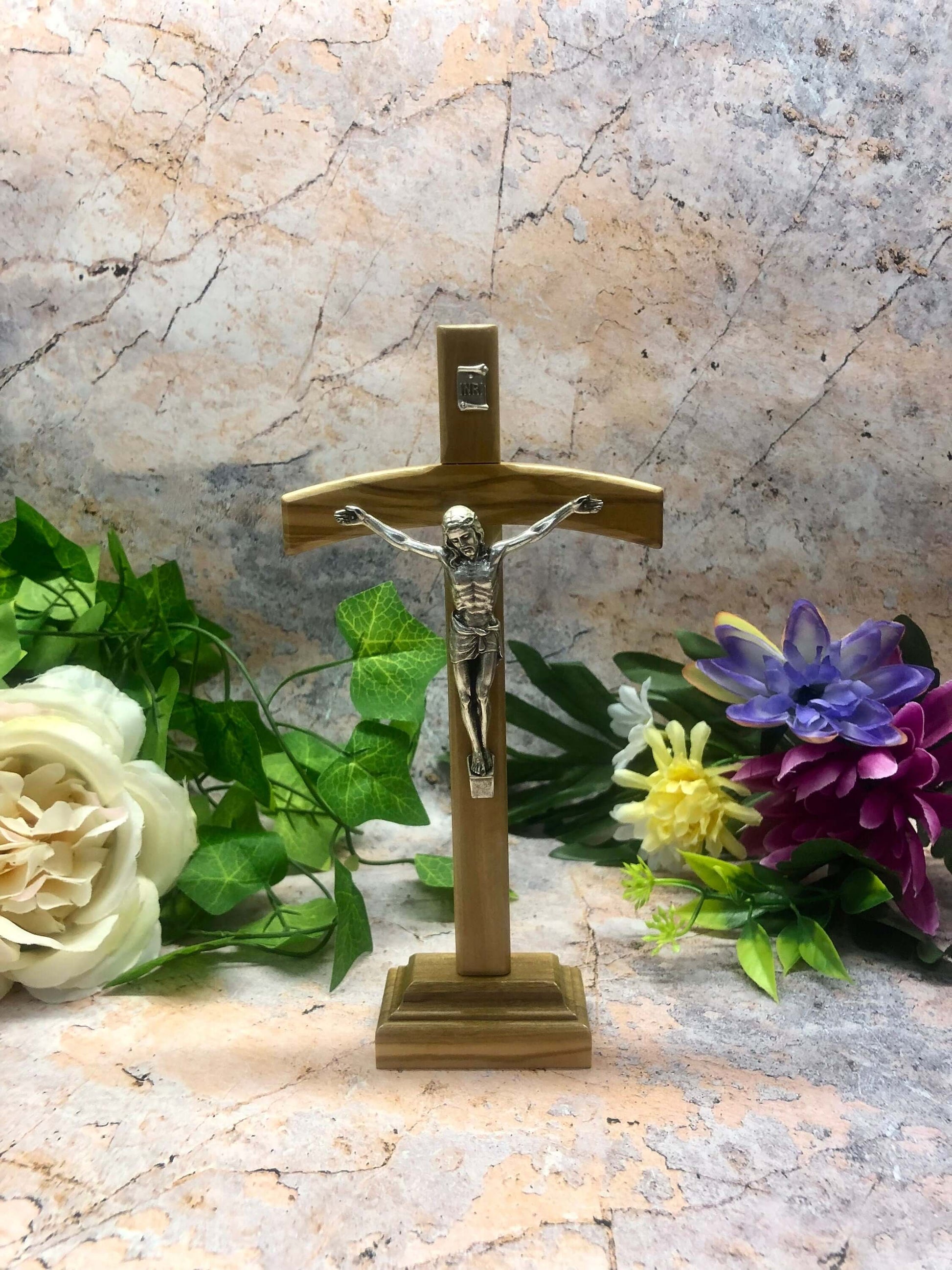 Freestanding Olive Wood Crucifix Metal Corpus Christi Jesus Christ Cross Religious Ornament 18.5 cm-Osiris Craftworks