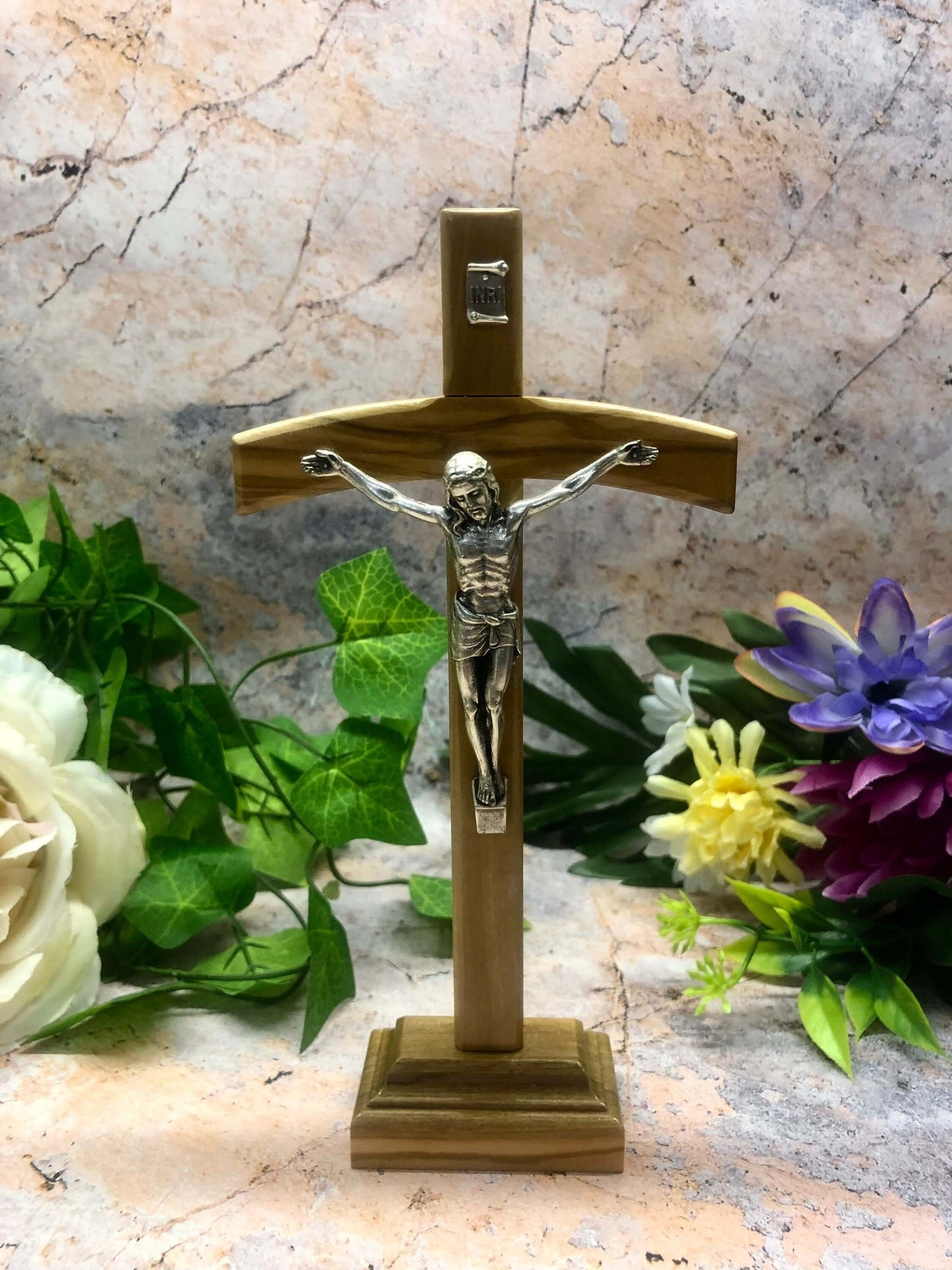 Freestanding Olive Wood Crucifix Metal Corpus Christi Jesus Christ Cross Religious Ornament 18.5 cm-Osiris Craftworks