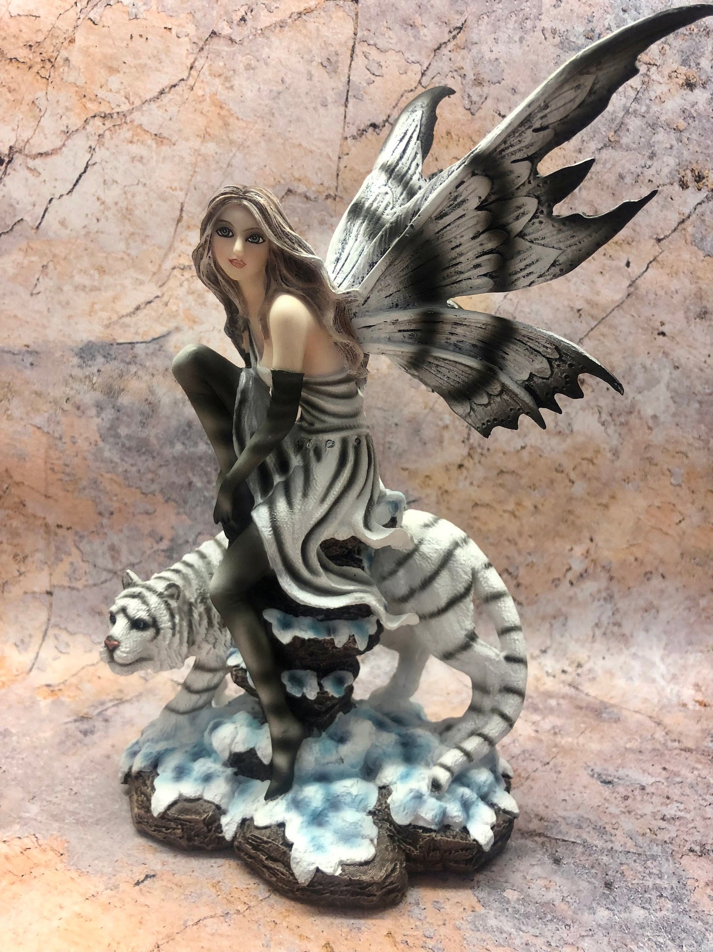 Fairy Resting on White Tiger Companion Figurine Fantasy Fairies Sculpture Hand Made from Quality Designer Resin-Osiris Craftworks