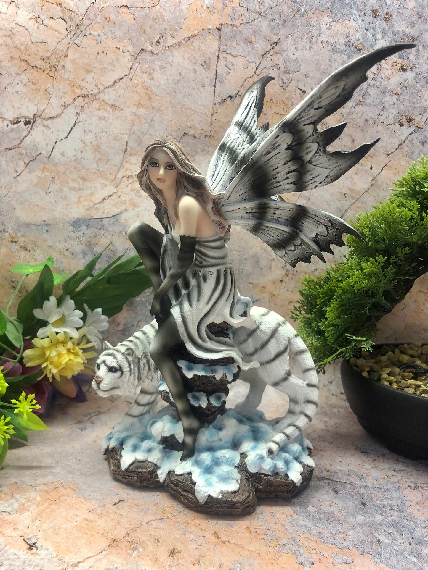 Fairy Resting on White Tiger Companion Figurine Fantasy Fairies Sculpture Hand Made from Quality Designer Resin-Osiris Craftworks