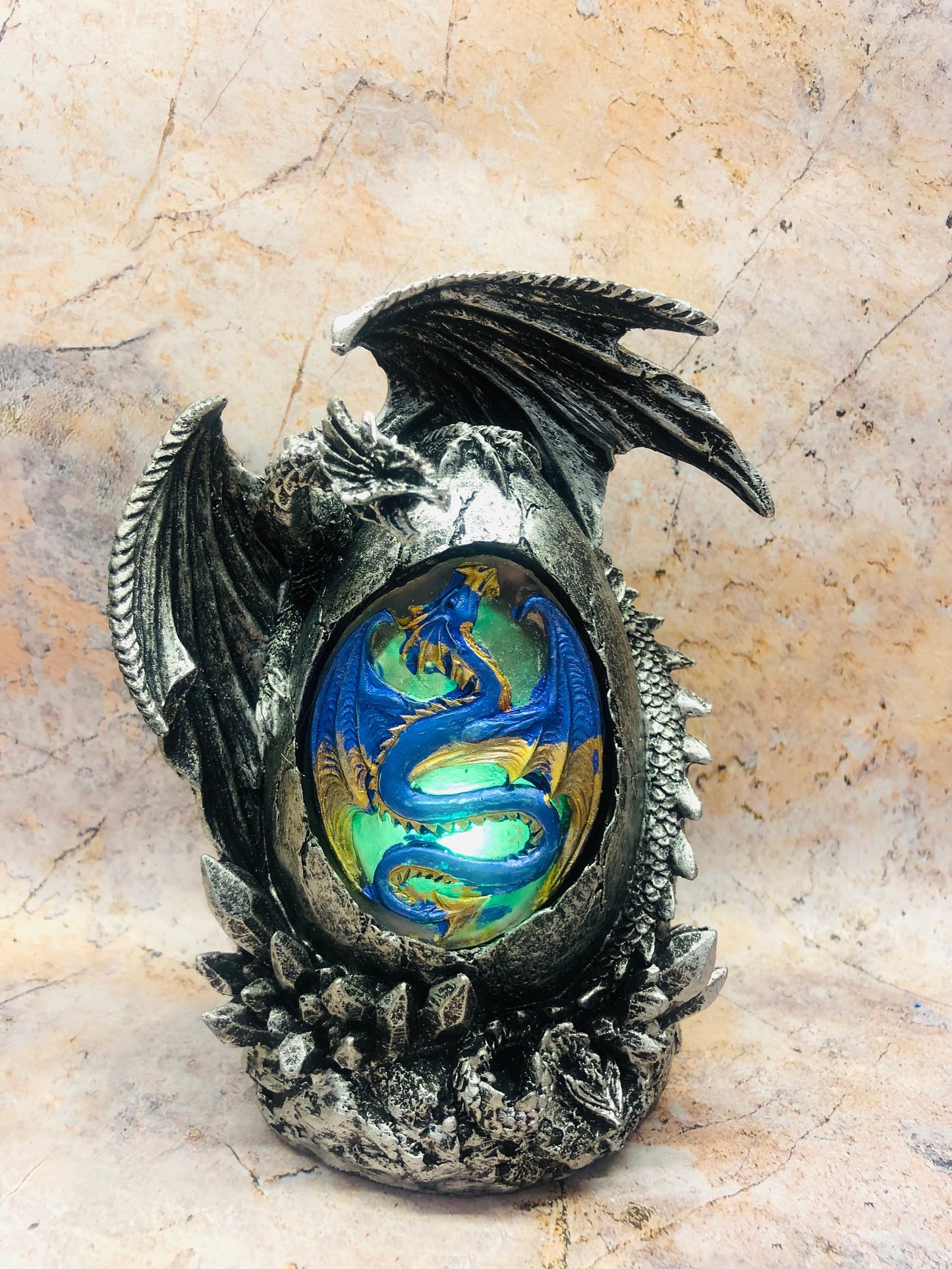 Dragon Guardian Egg Figurine - Stunning Silver Effect Ornament with Colour Changing LED Light