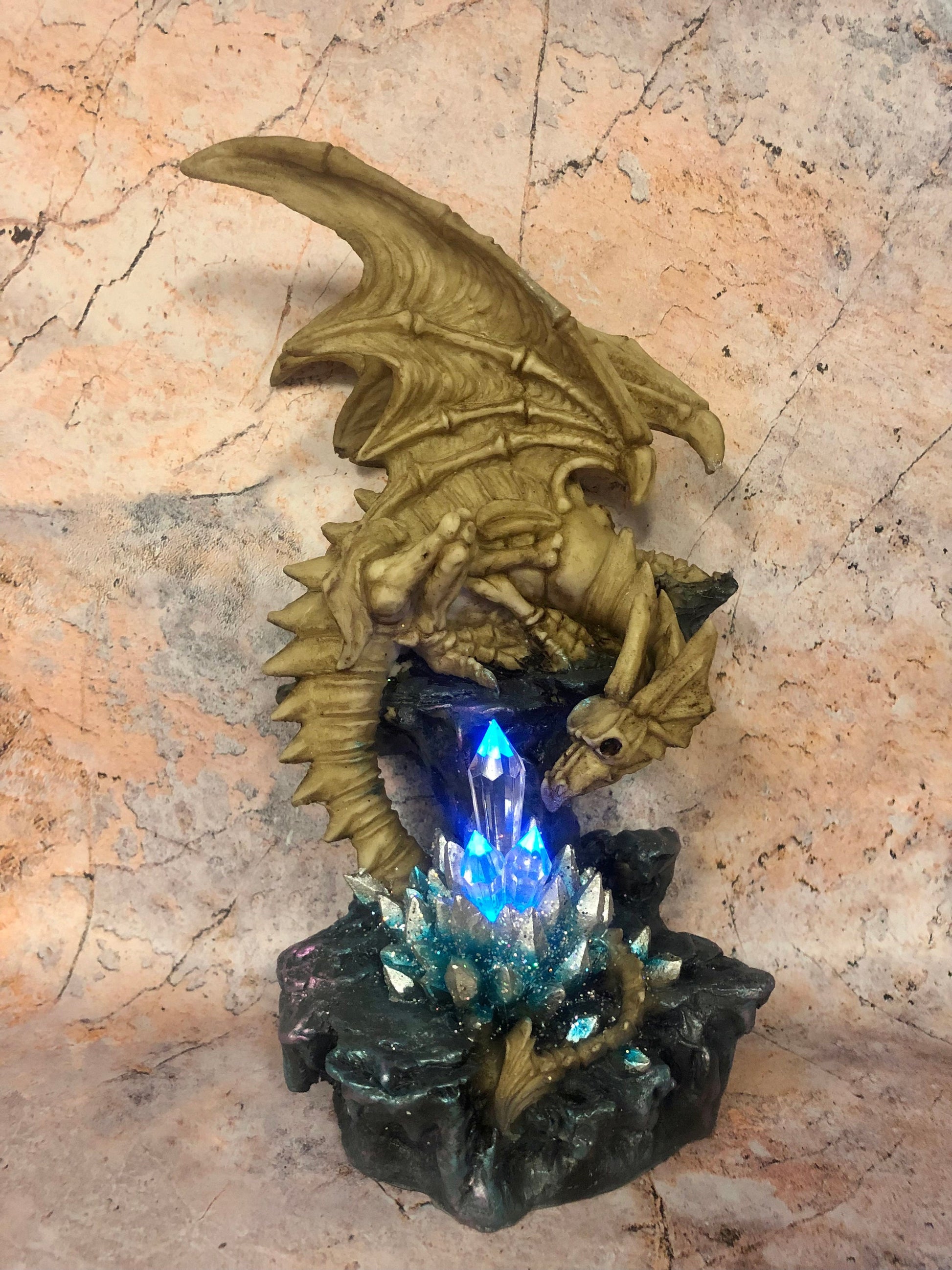 Dragon Skeleton Statue: Handmade Halloween Decoration with Colour Changing Crystal Light, Perfect for Gothic Decor-Osiris Craftworks