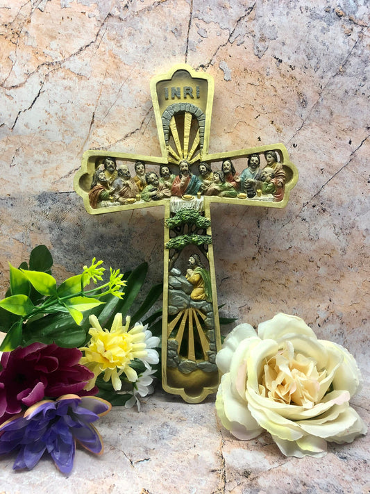 Gold Effect Crucifix Hanging Cross The Last Supper Jesus Christ Religious Wall Ornament-Osiris Craftworks