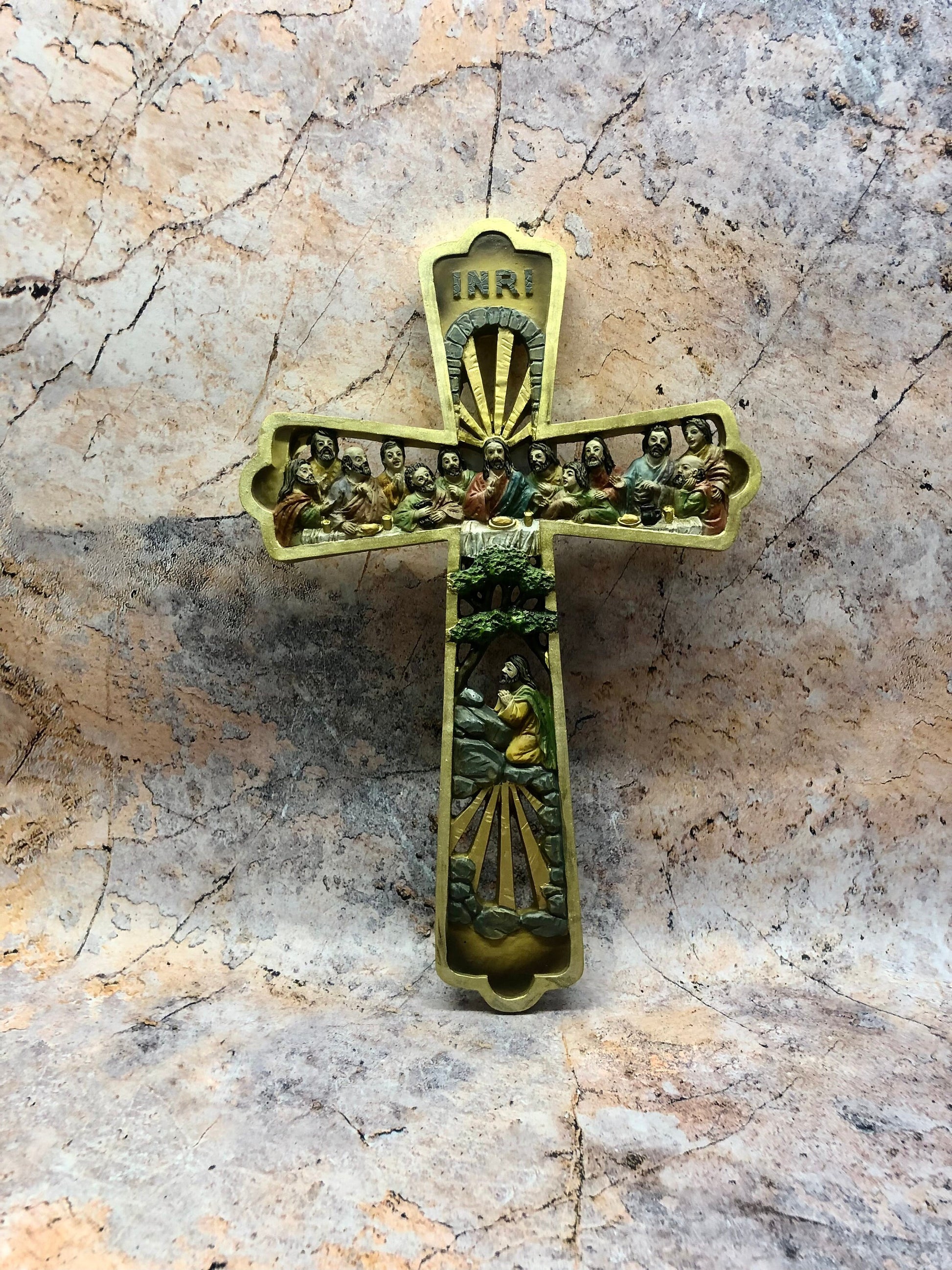 Gold Effect Crucifix Hanging Cross The Last Supper Jesus Christ Religious Wall Ornament-Osiris Craftworks