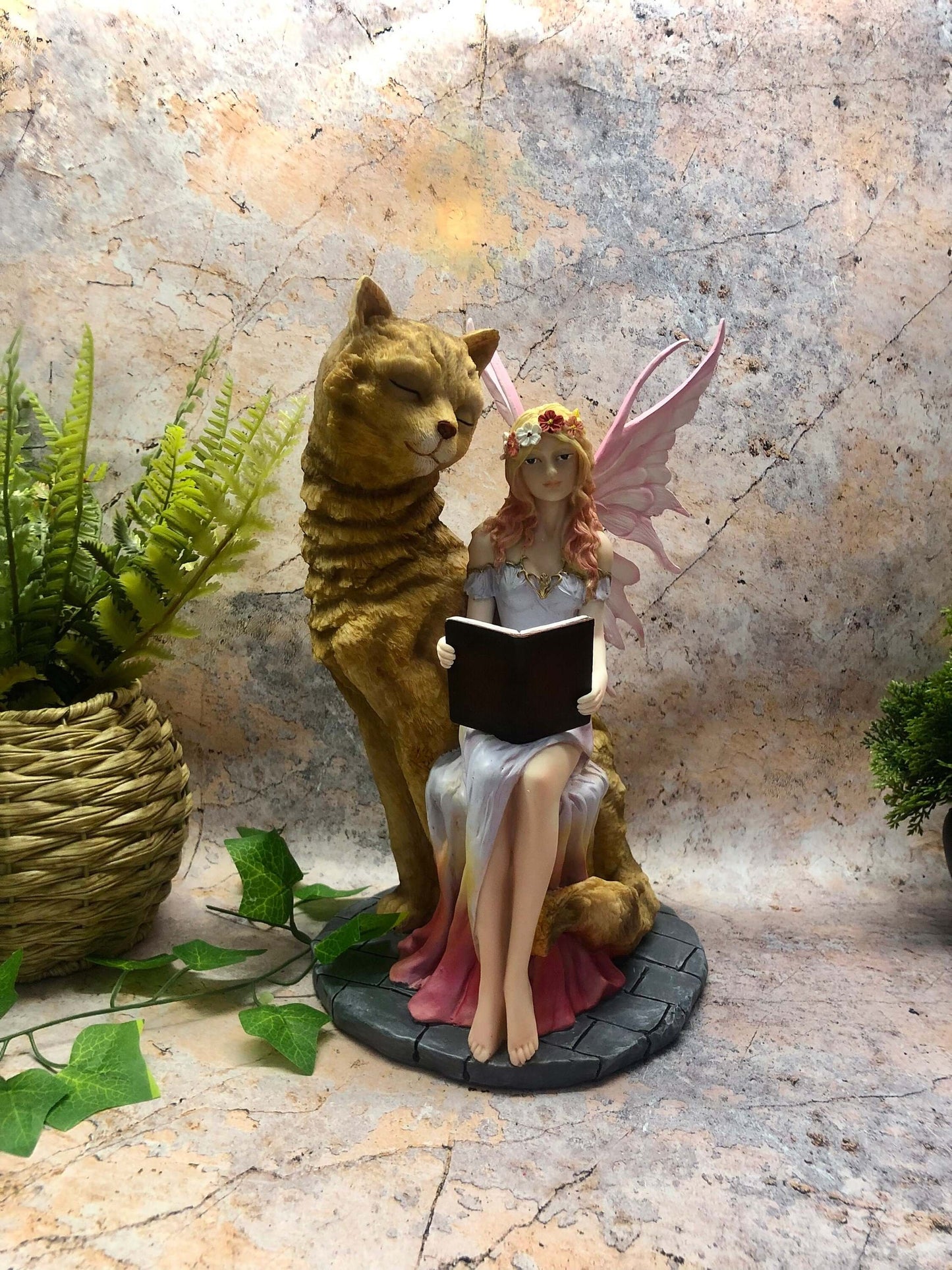 Fairy Reading with Cat Companion Sculpture Figurine Fantasy Fairies Statue Hand Made from Quality Designer Resin Ideal as a Gift-Osiris Craftworks