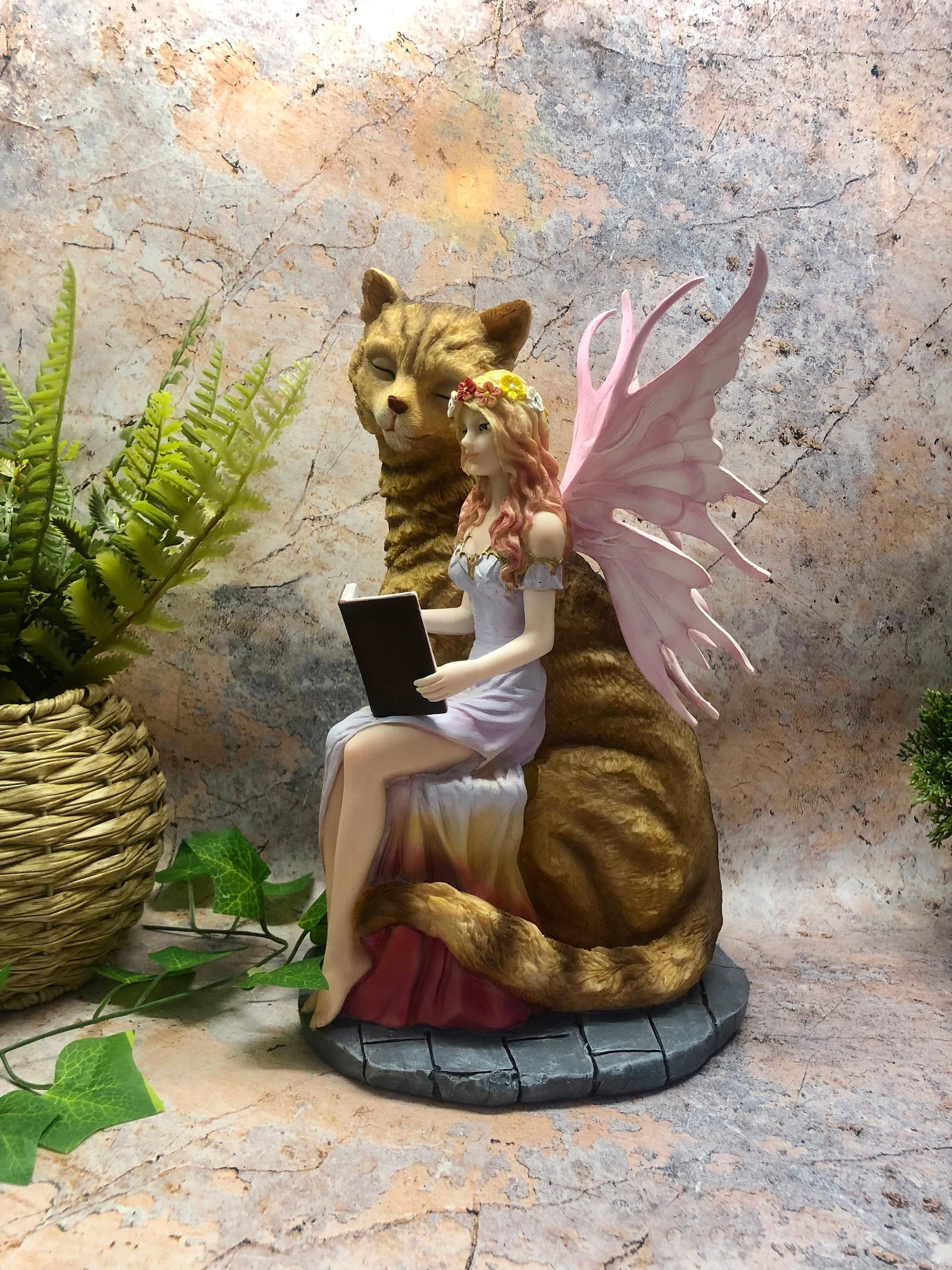 Fairy Reading with Cat Companion Sculpture Figurine Fantasy Fairies Statue Hand Made from Quality Designer Resin Ideal as a Gift-Osiris Craftworks