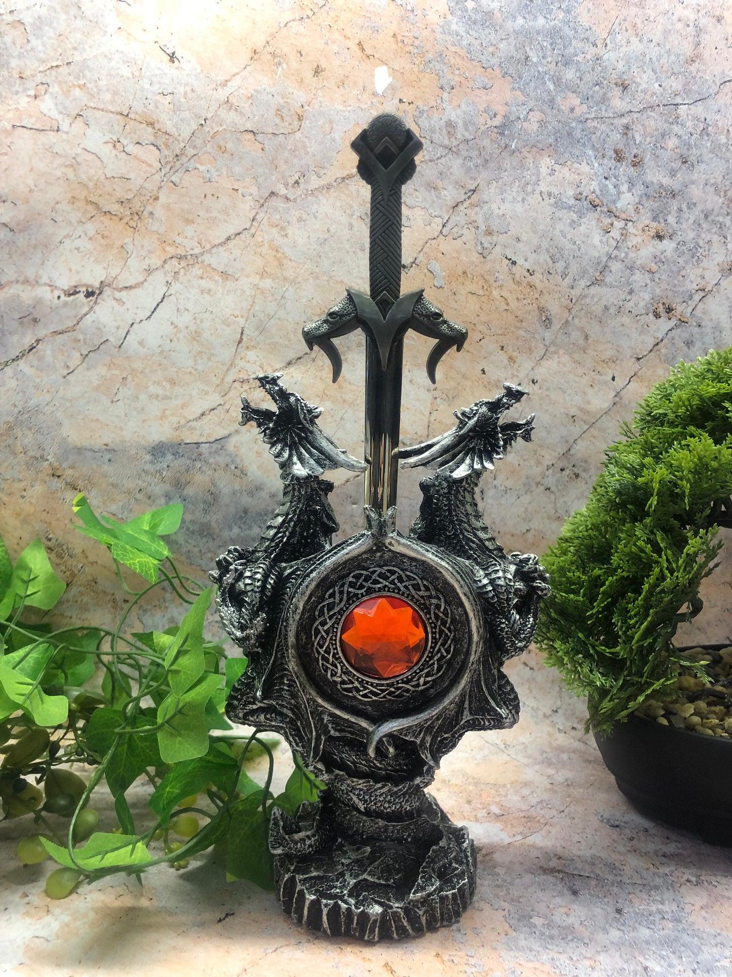 Majestic Dragon Shield Letter Opener with Crimson Orb – Handcrafted Resin Desk Accessory – Gothic Office Decor 28cm Enchanted Fantasy Sword-Osiris Craftworks