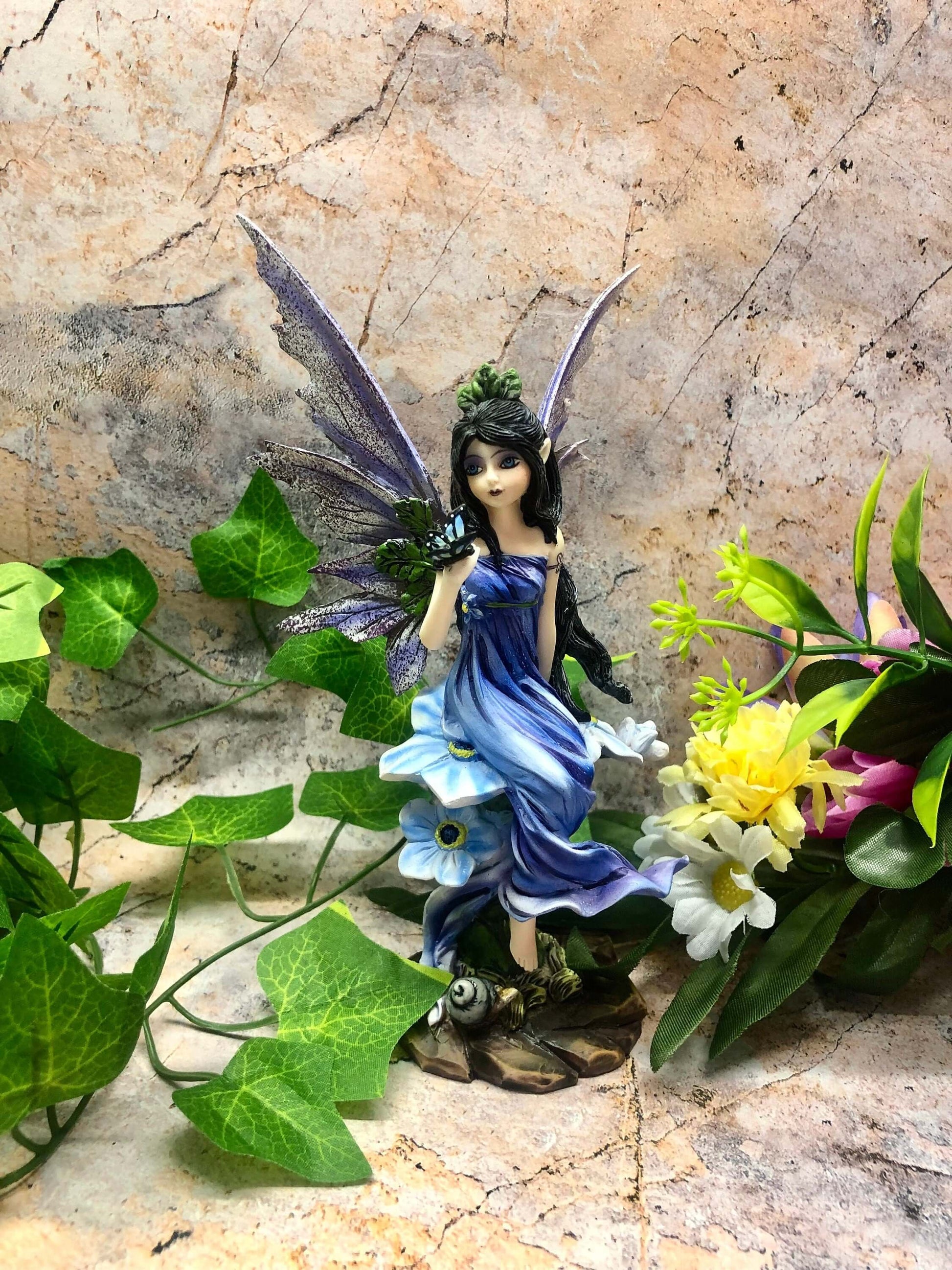 Blue Dress Fairy with Butterfly and Flowers Statuette Figurine Ornament Hand Made from Quality Designer Resin-Osiris Craftworks