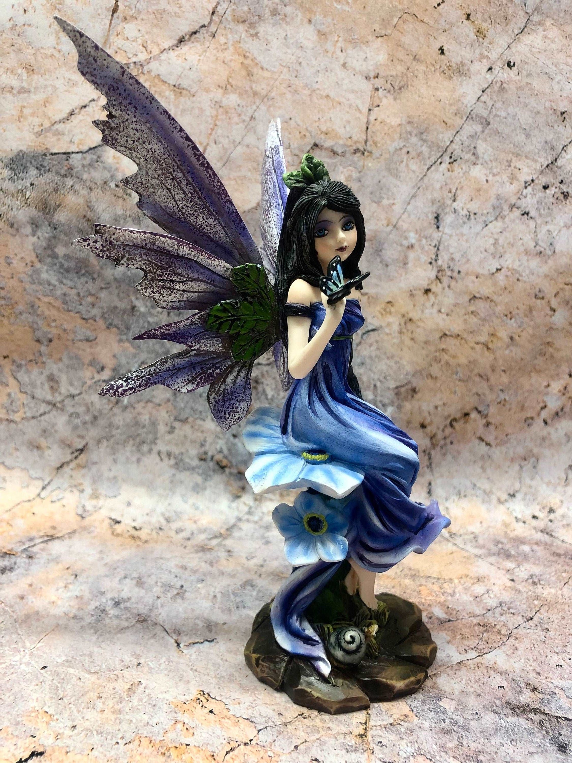 Blue Dress Fairy with Butterfly and Flowers Statuette Figurine Ornament Hand Made from Quality Designer Resin-Osiris Craftworks