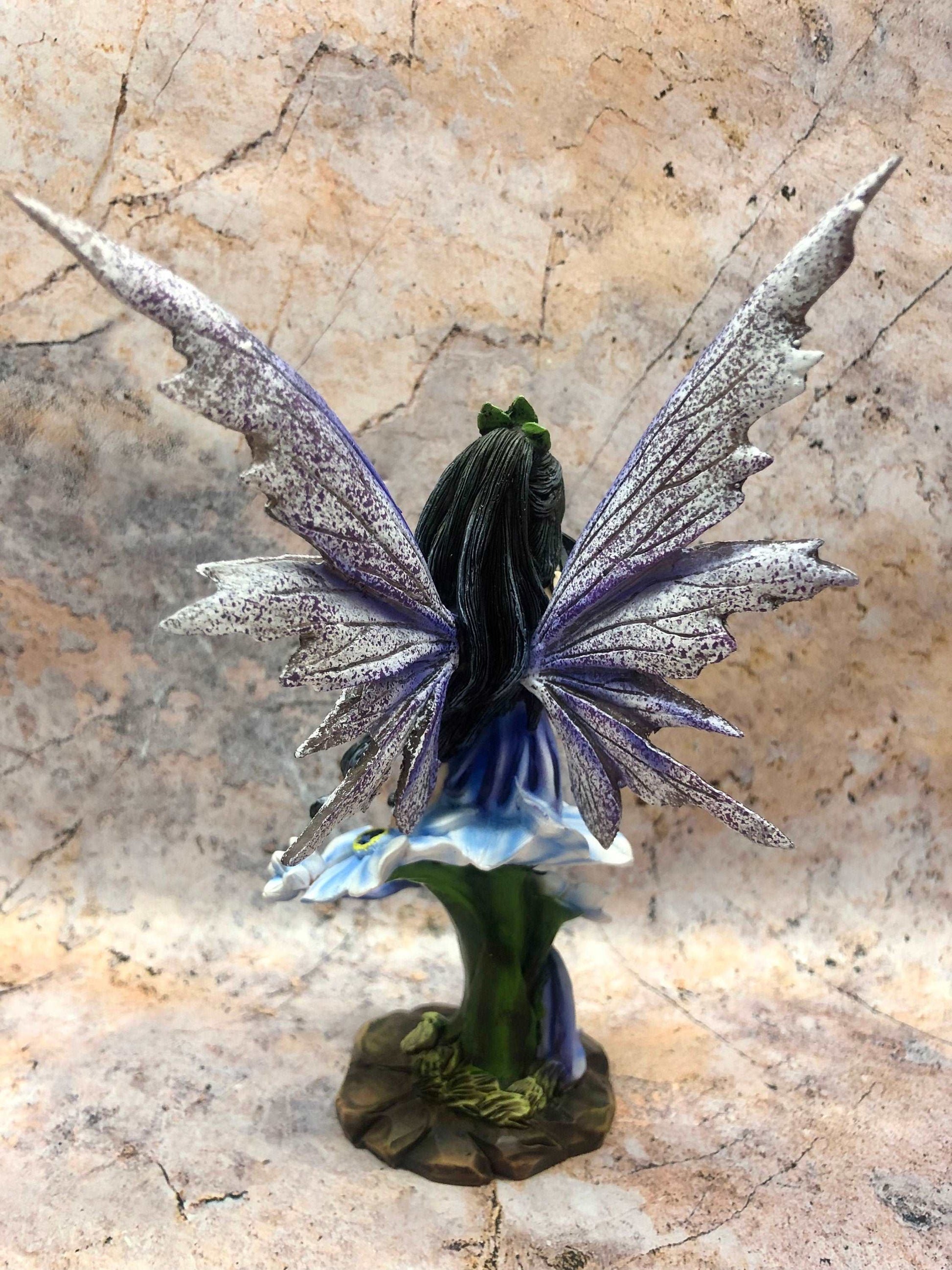 Blue Dress Fairy with Butterfly and Flowers Statuette Figurine Ornament Hand Made from Quality Designer Resin-Osiris Craftworks